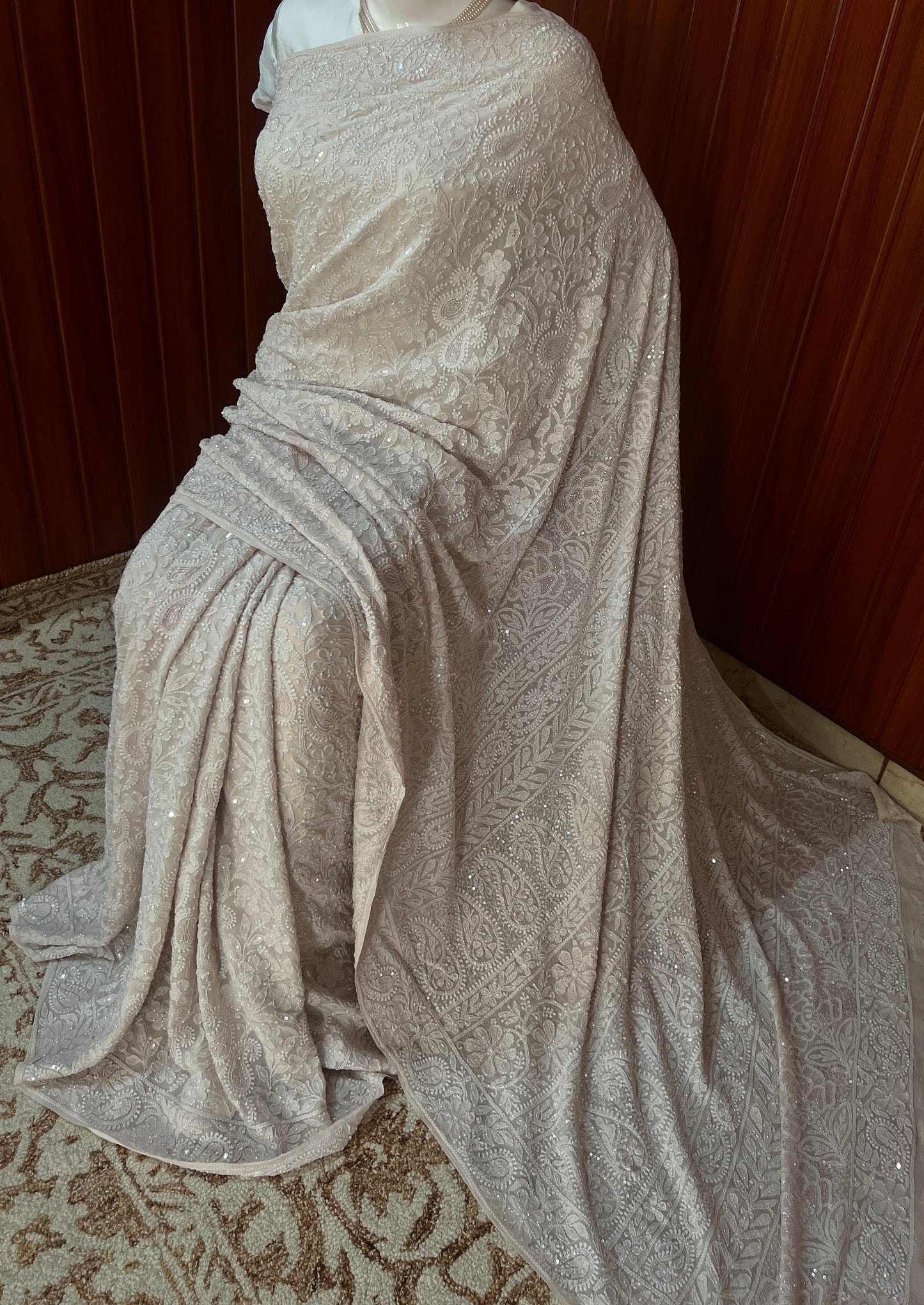 Ruhani Nude Beige Chikankari Cut Dana and Sequins Saree