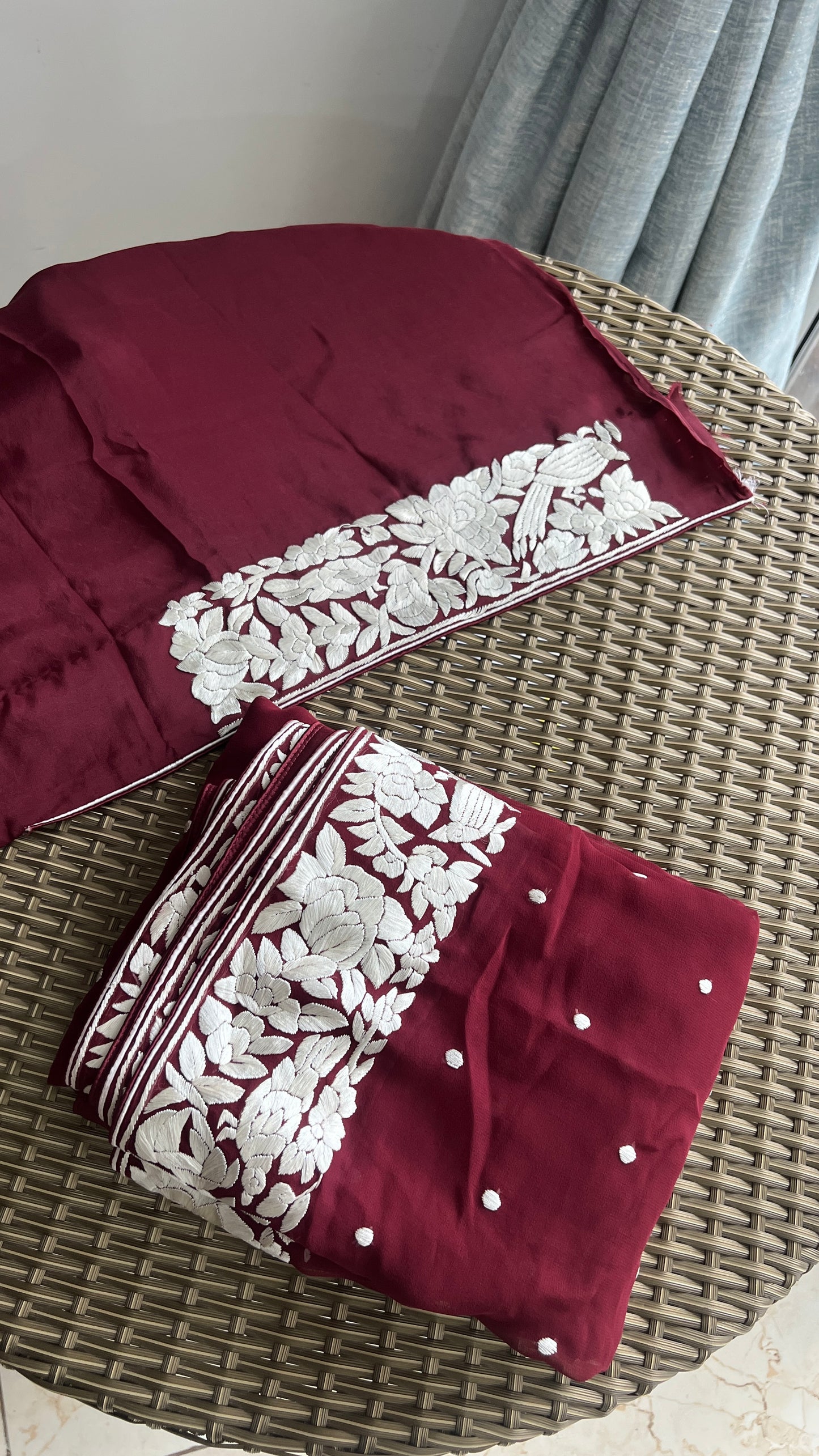 Maroon Pure Georgette Parsi Gara Hand Embroidered Saree