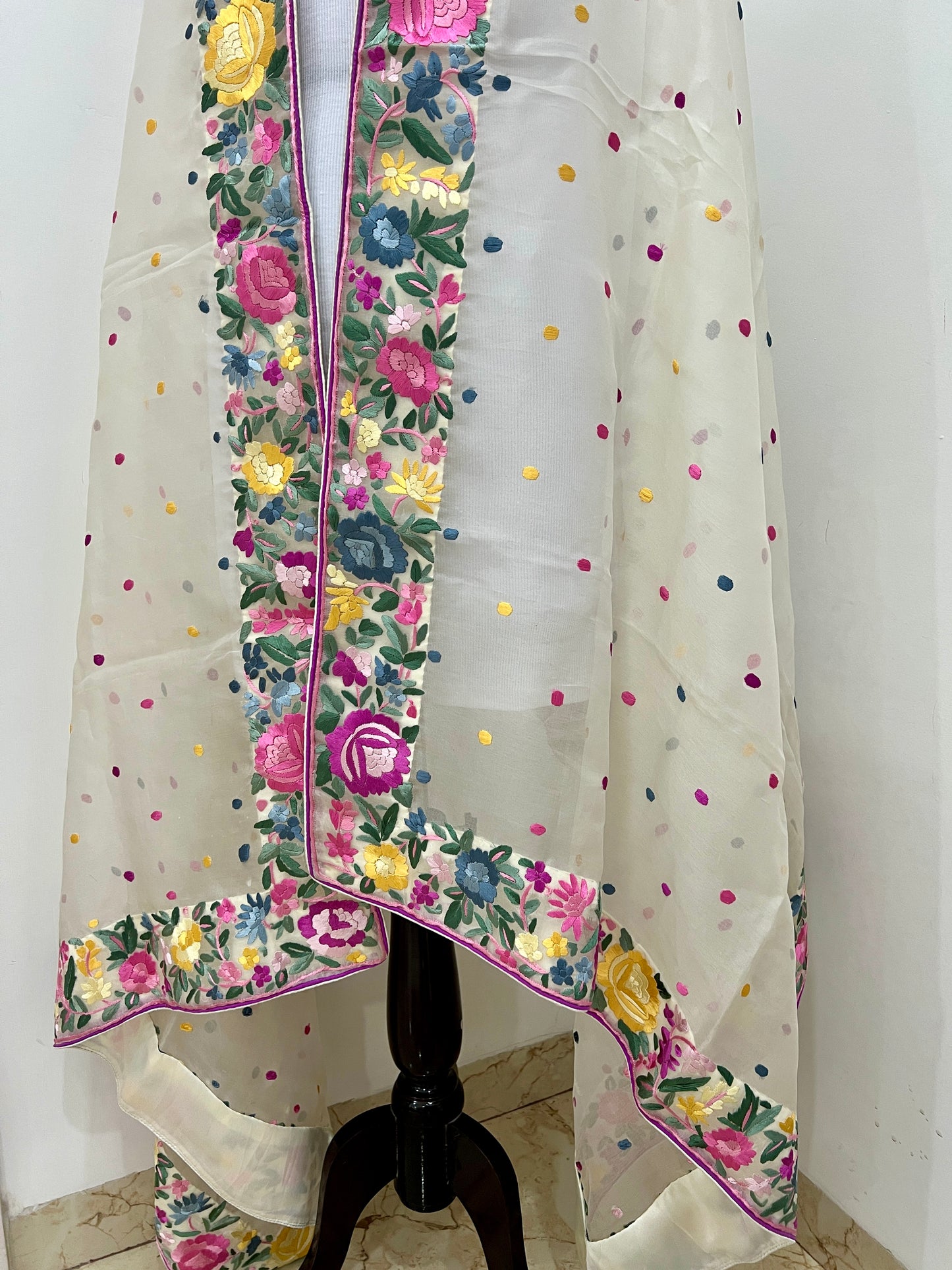 Cream Organza Dupatta with Parsi Gara Hand Embroidery