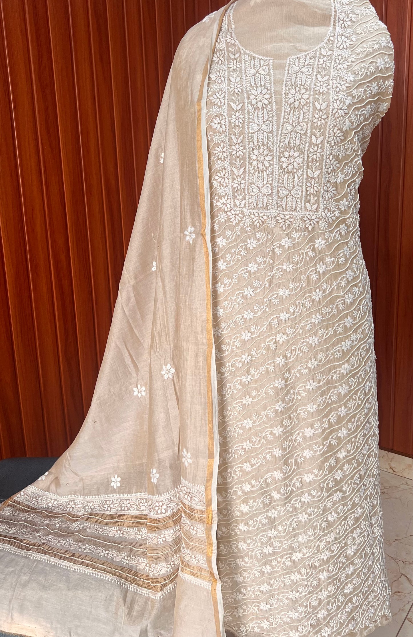 Tissue chanderi silk Chikankari and pearl embroidered kurta and dupatta