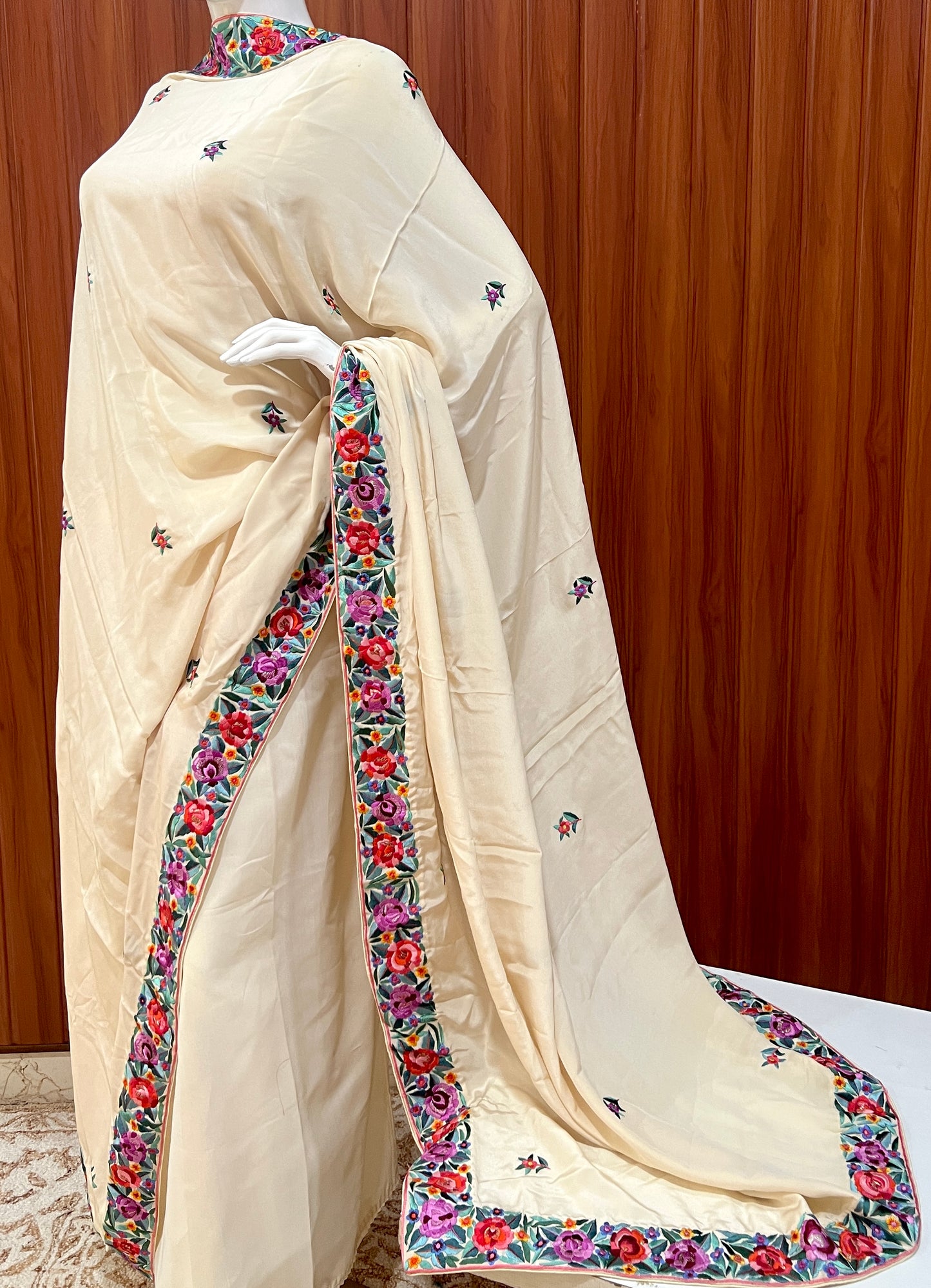 Cream Pure Crepe Dupatta With multicolored Parsi Gara Hand Embroidery
