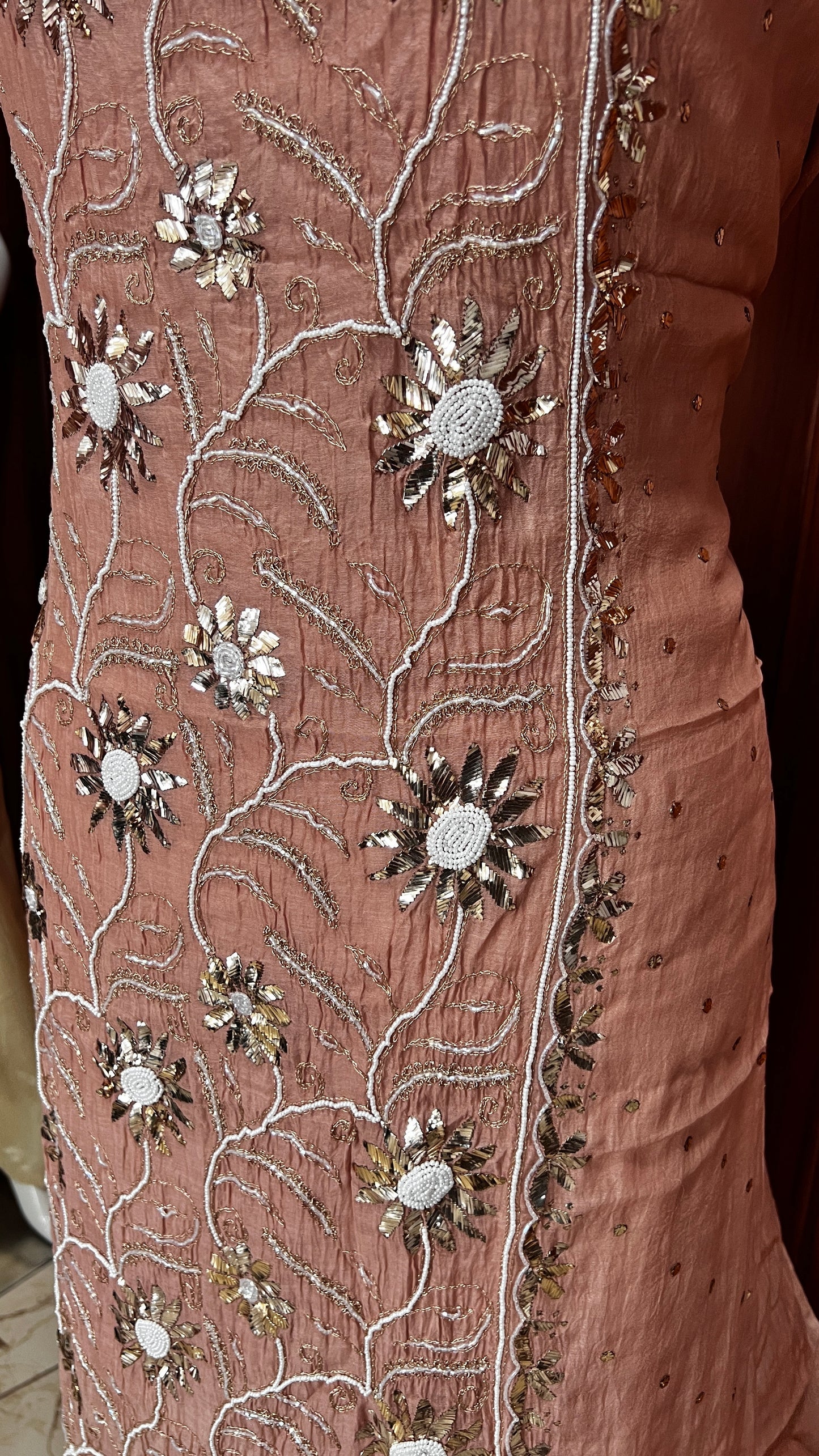 Cocoa brown Badla Mukaish and pearl work mulmul kurta with dupatta