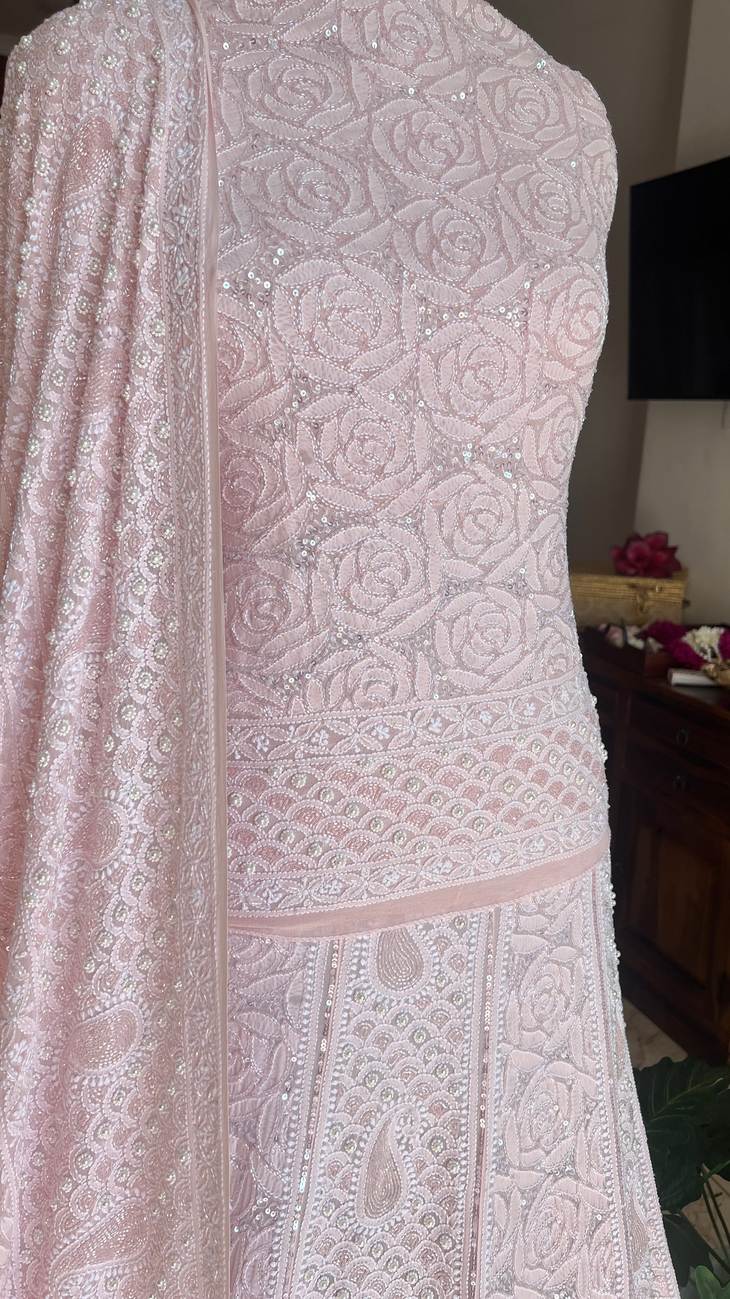 Ruhani Powder Pink Chikankari Pearl Cut Dana Sequins Wedding Lehenga