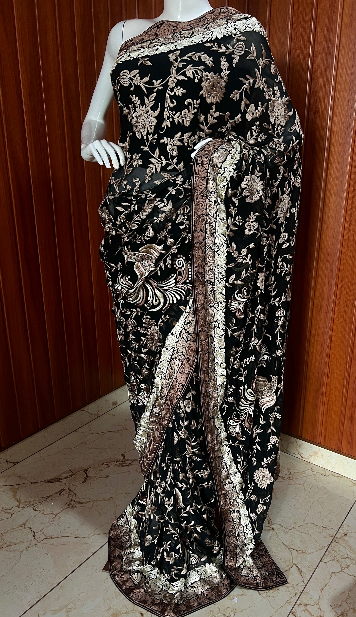 Black Masterpiece Parsi Gara Pure Georgette Saree