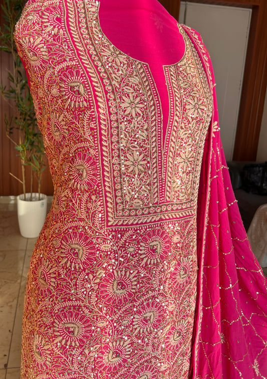 Suhaan Rani Pink 3 taar Chikankari kurta with heavy sequinned dupatta