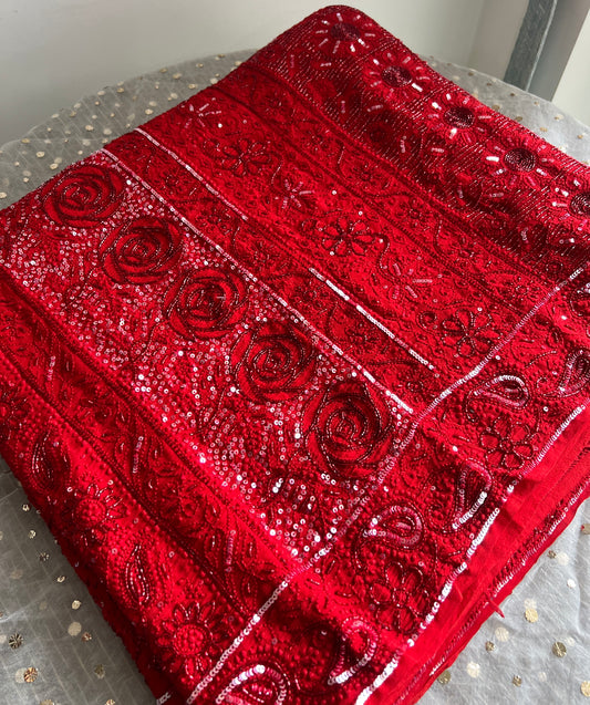 Red Gulaab Masterpiece Chikankari Cut Dana Sequins Saree