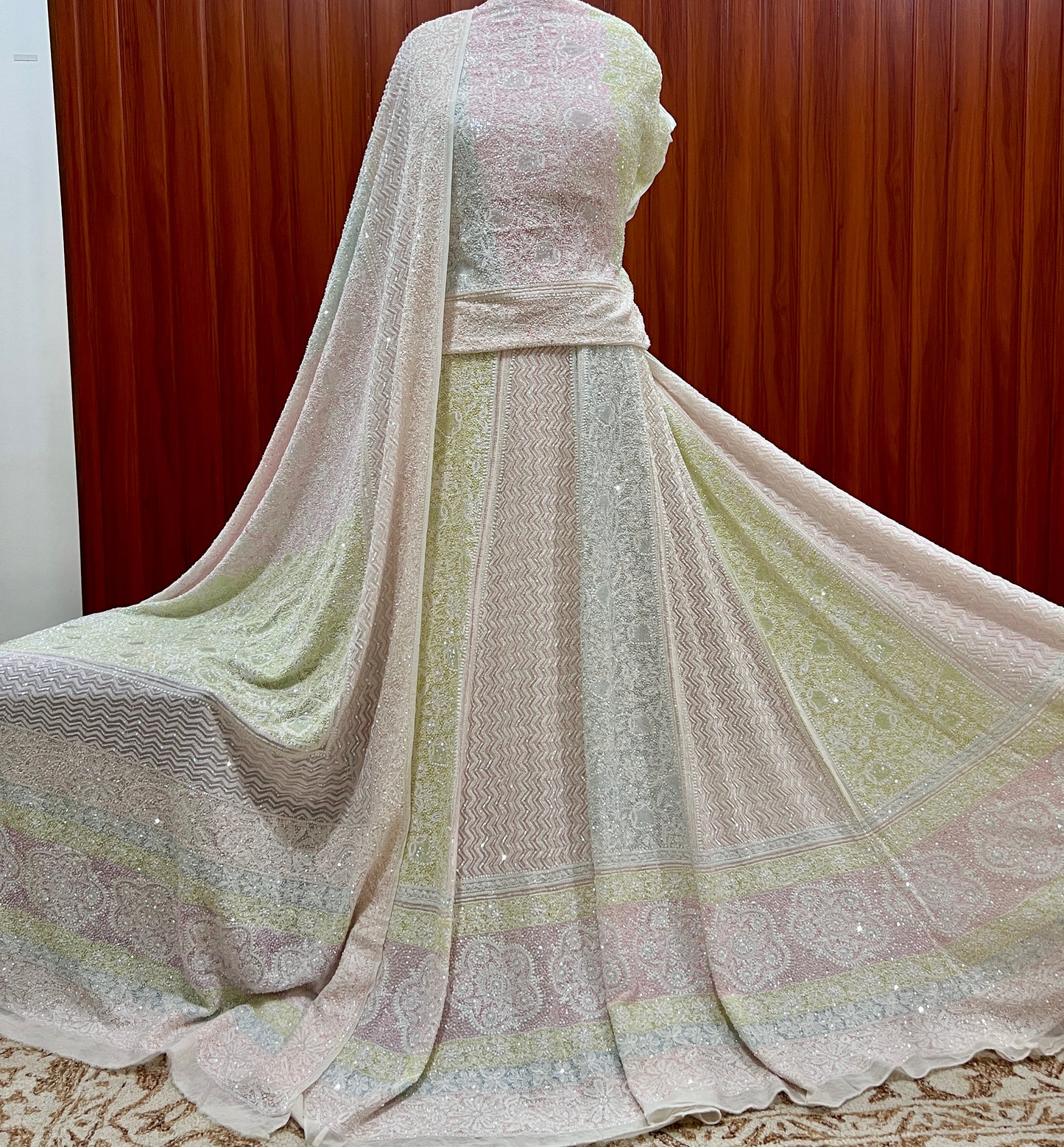 Suhaan Masterpiece Chikankari Lehenga with Multi Hued Cut Dana and sequins Work