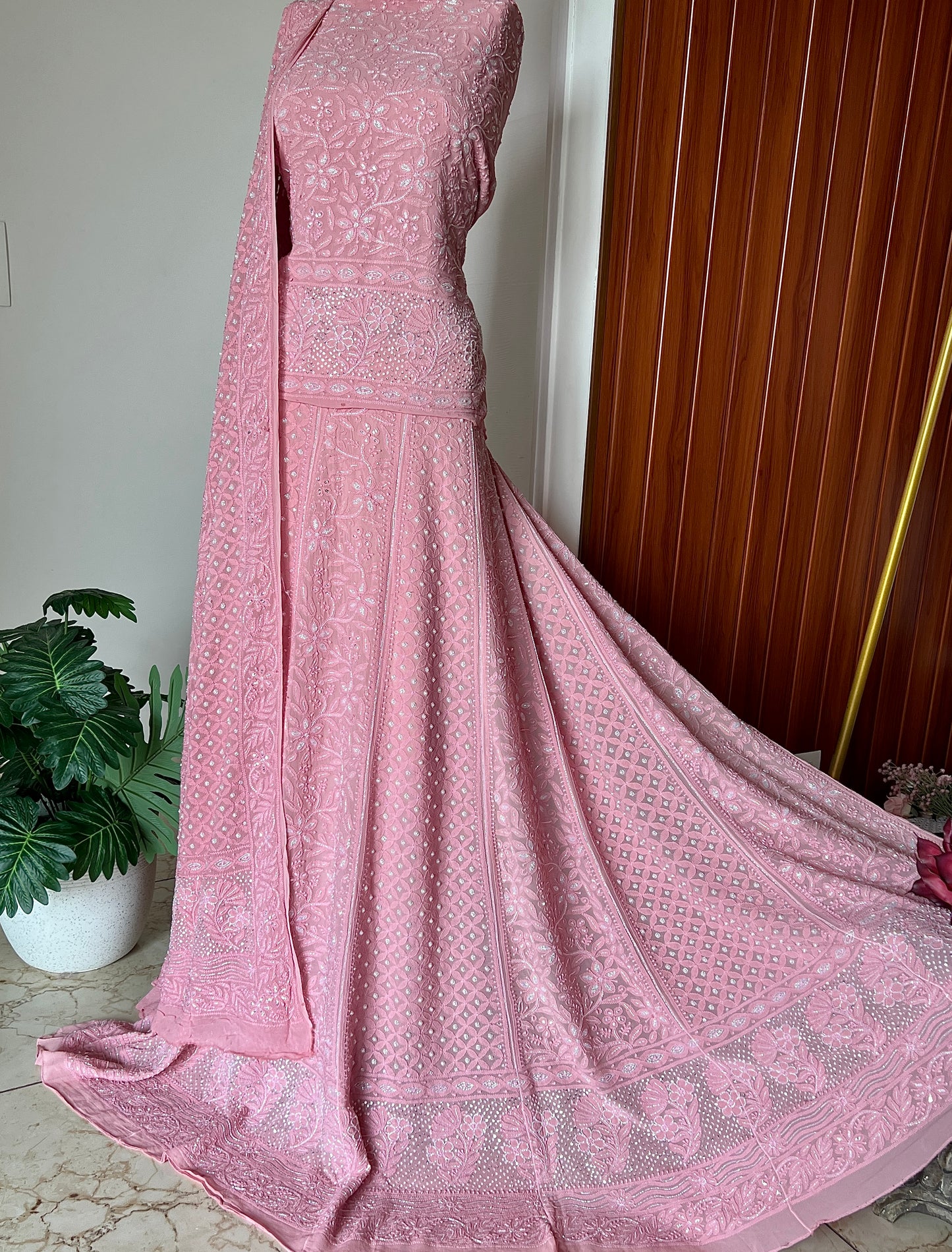 Onion pink Chikankari Cut Dana Pearl Sequins Lehenga
