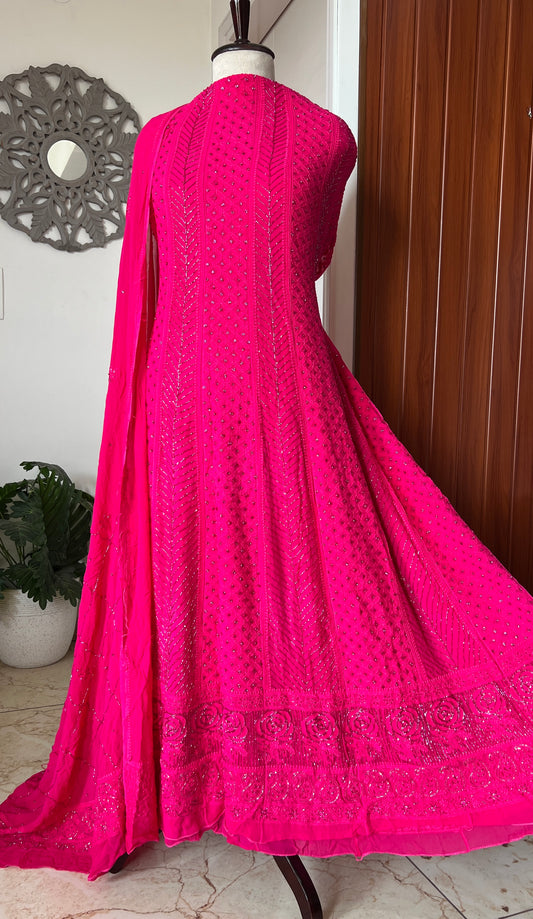 Hot pink Chikankari Sequins and Cut Dana Anarkali