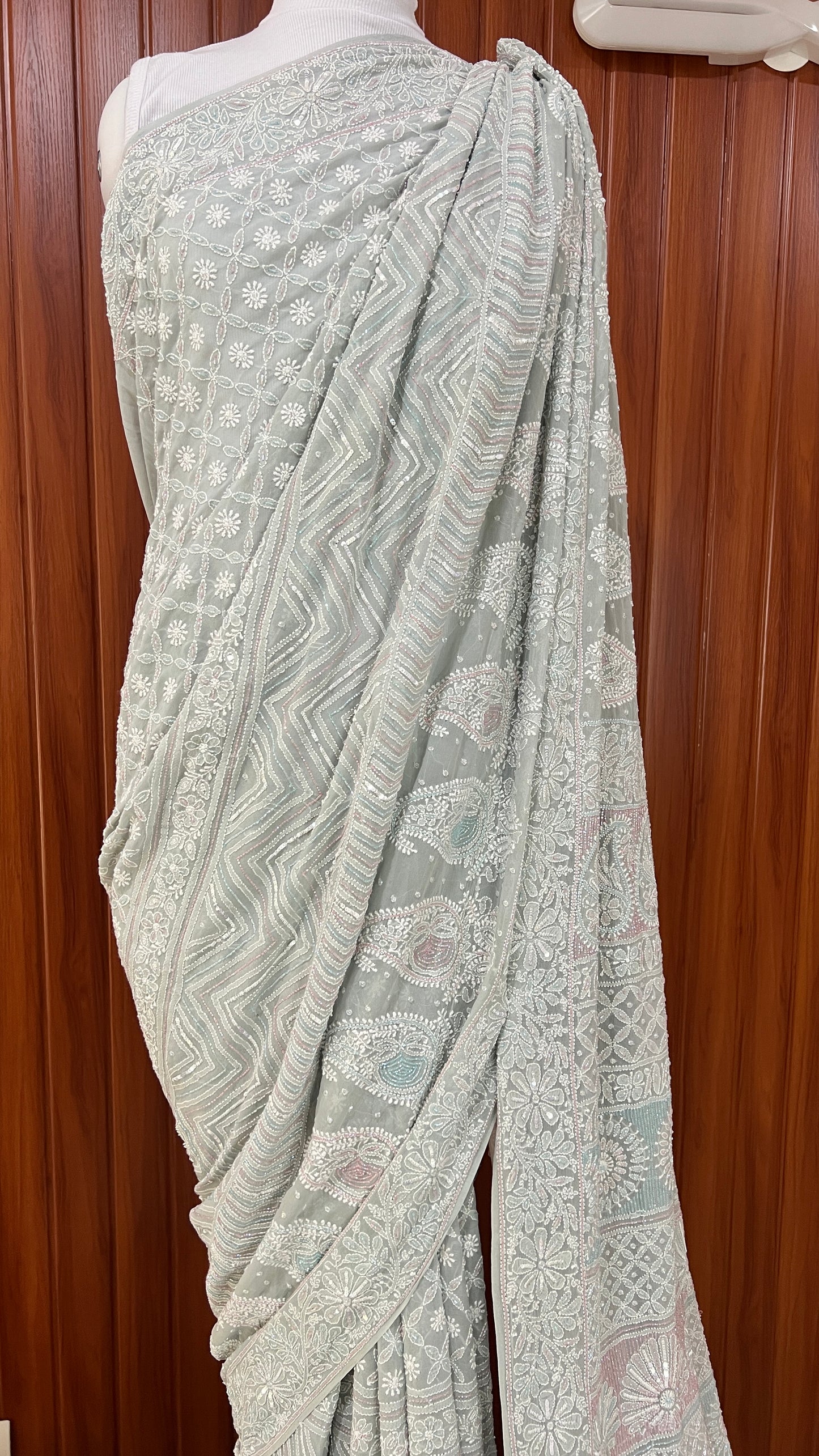 Ruhani Sage Blue Chikankari Cut Dana and Sequins Saree