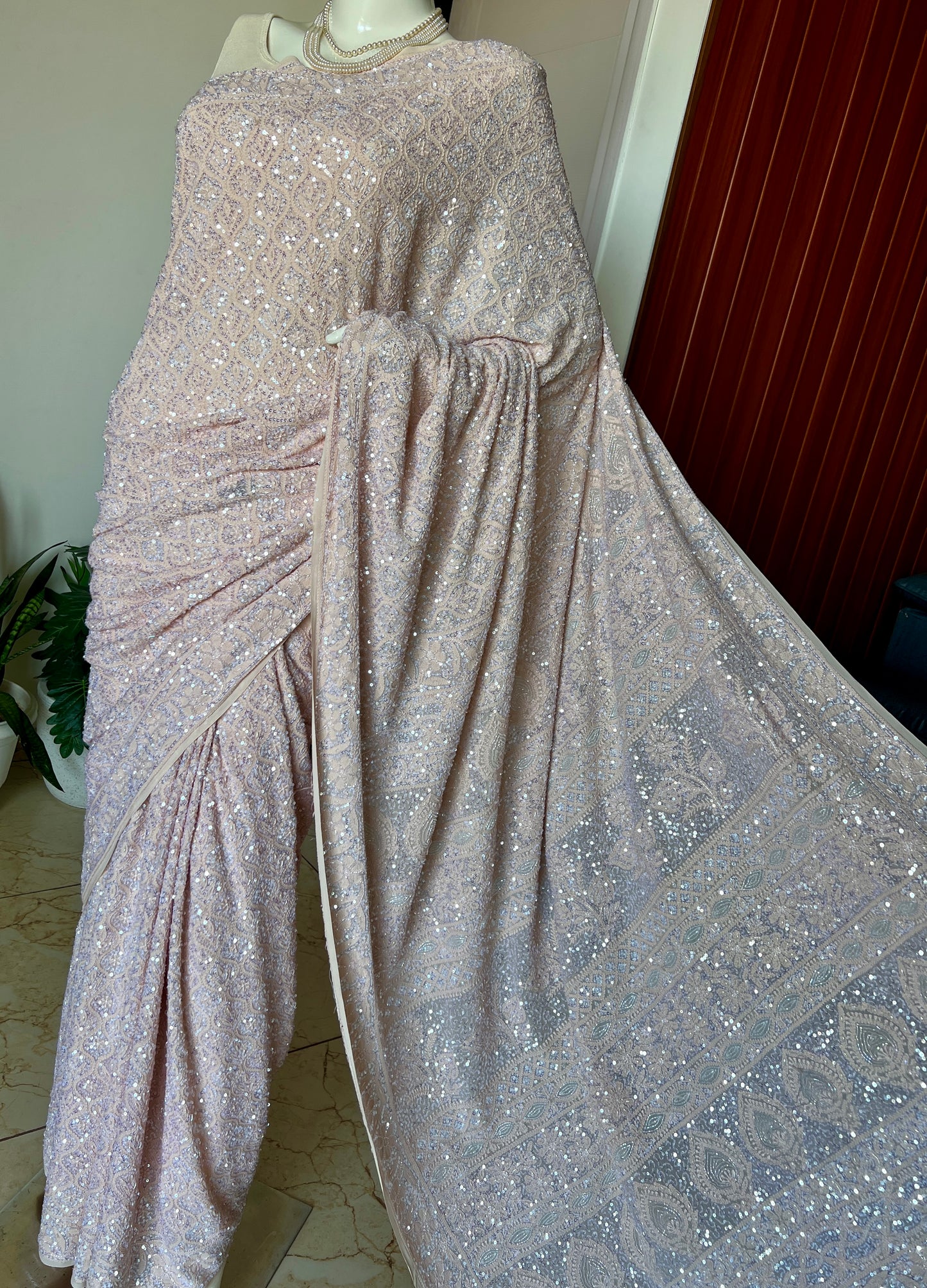 Ruhani Beige Chikankari Sequins Cut Dana Embroidered Masterpiece Saree