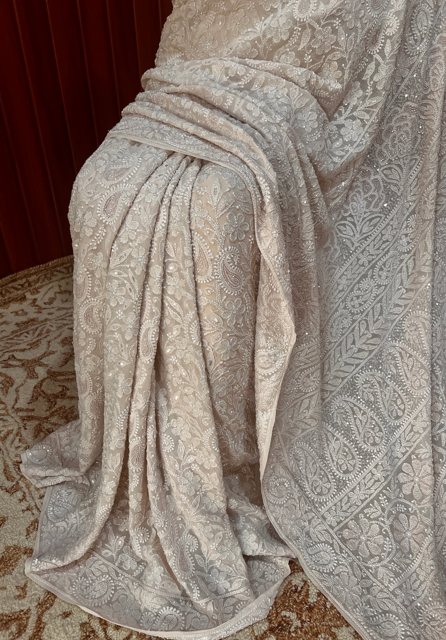 Ruhani Nude Beige Chikankari Cut Dana and Sequins Saree
