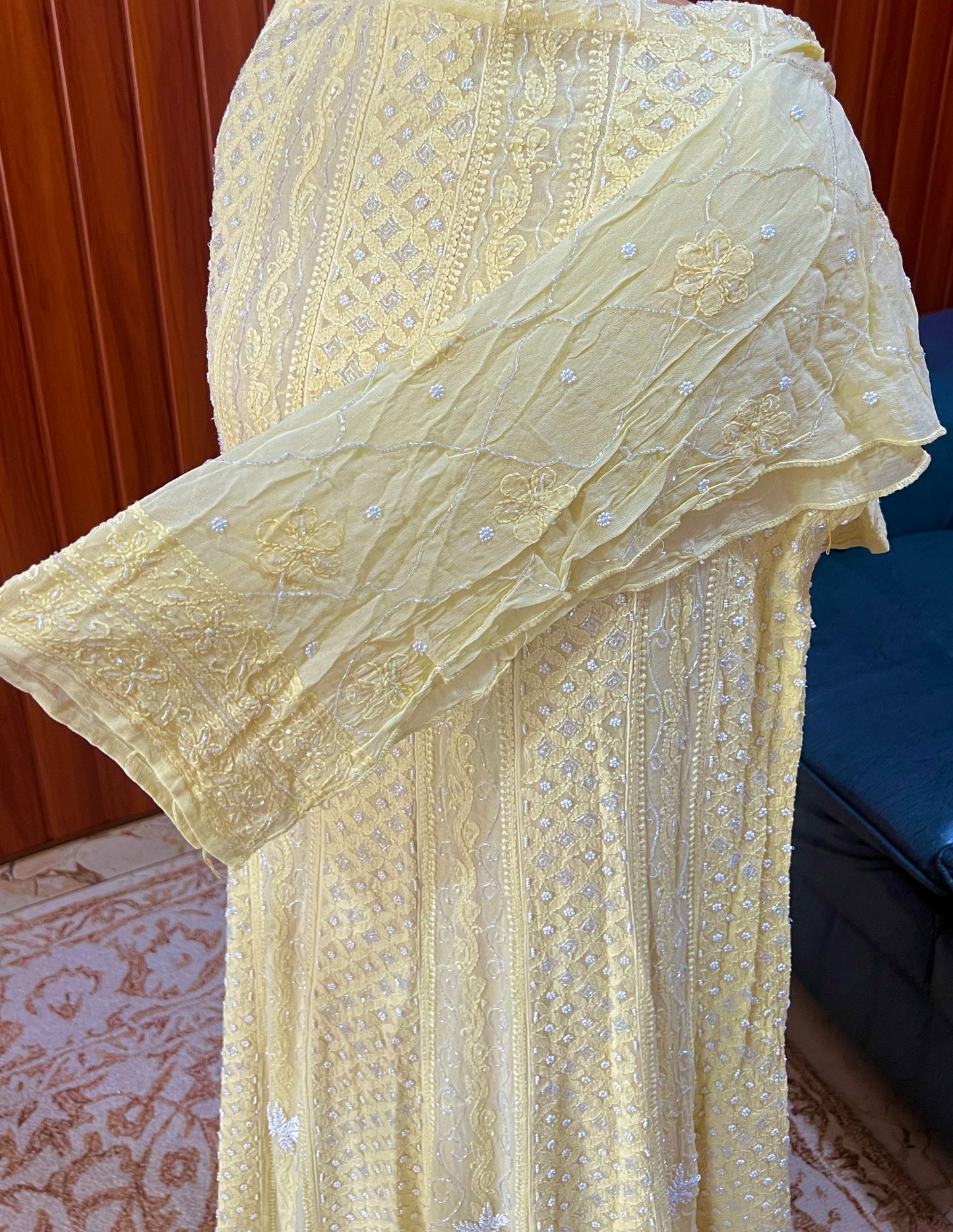 Lemon Yellow Chikankari Pearl Cut Dana Anarkali with Dupatta