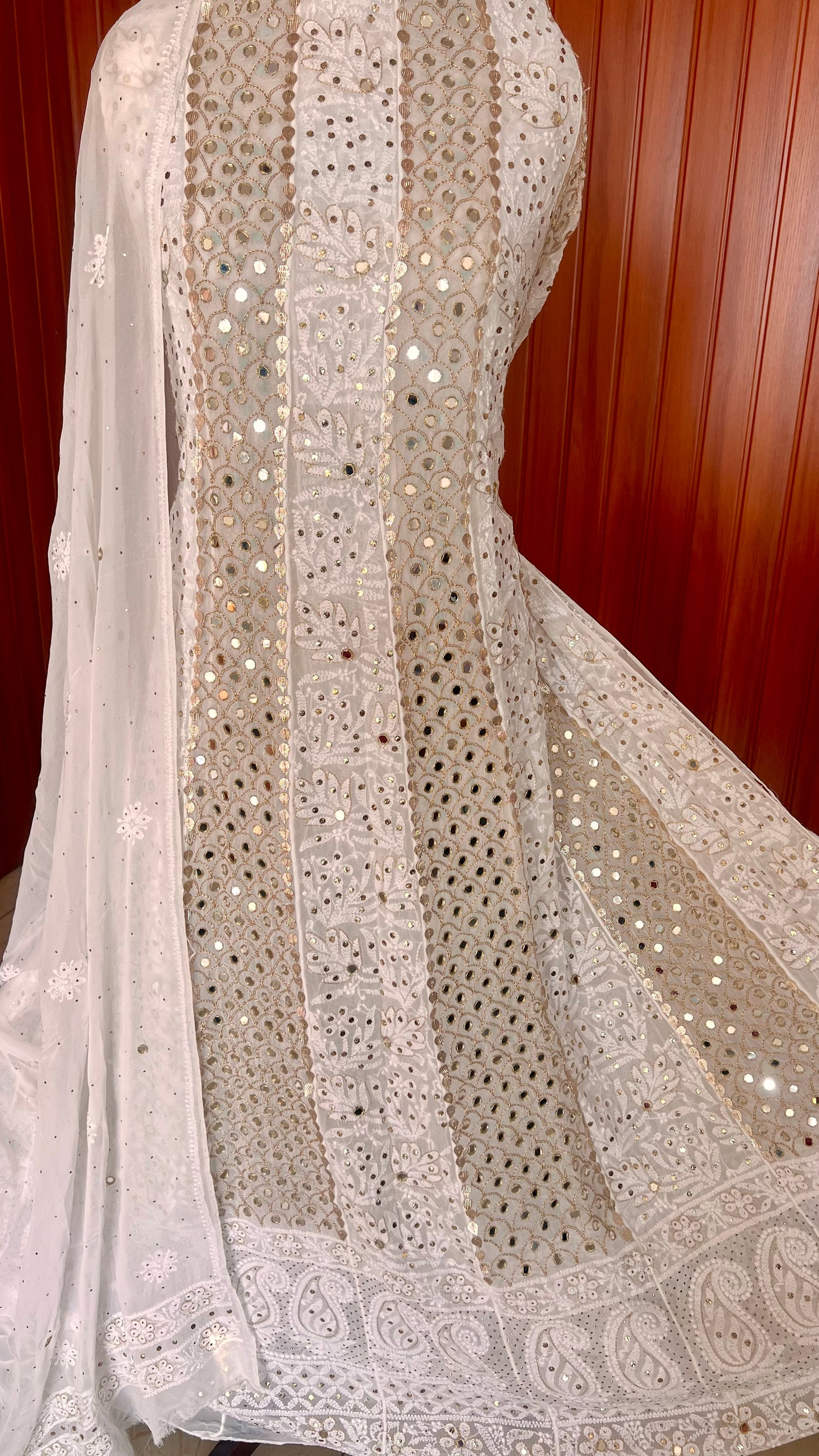 White Chikankari Mukaish Mirror and Gota Patti Anarkali with Dupatta