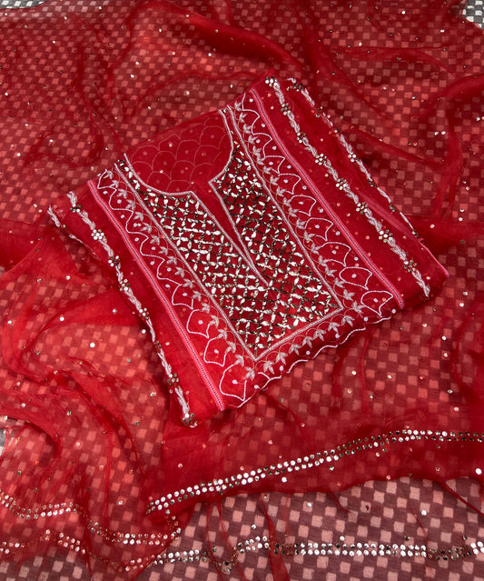 Rust Orange Mukaish Pearl work Pure Organza kurta with dupatta