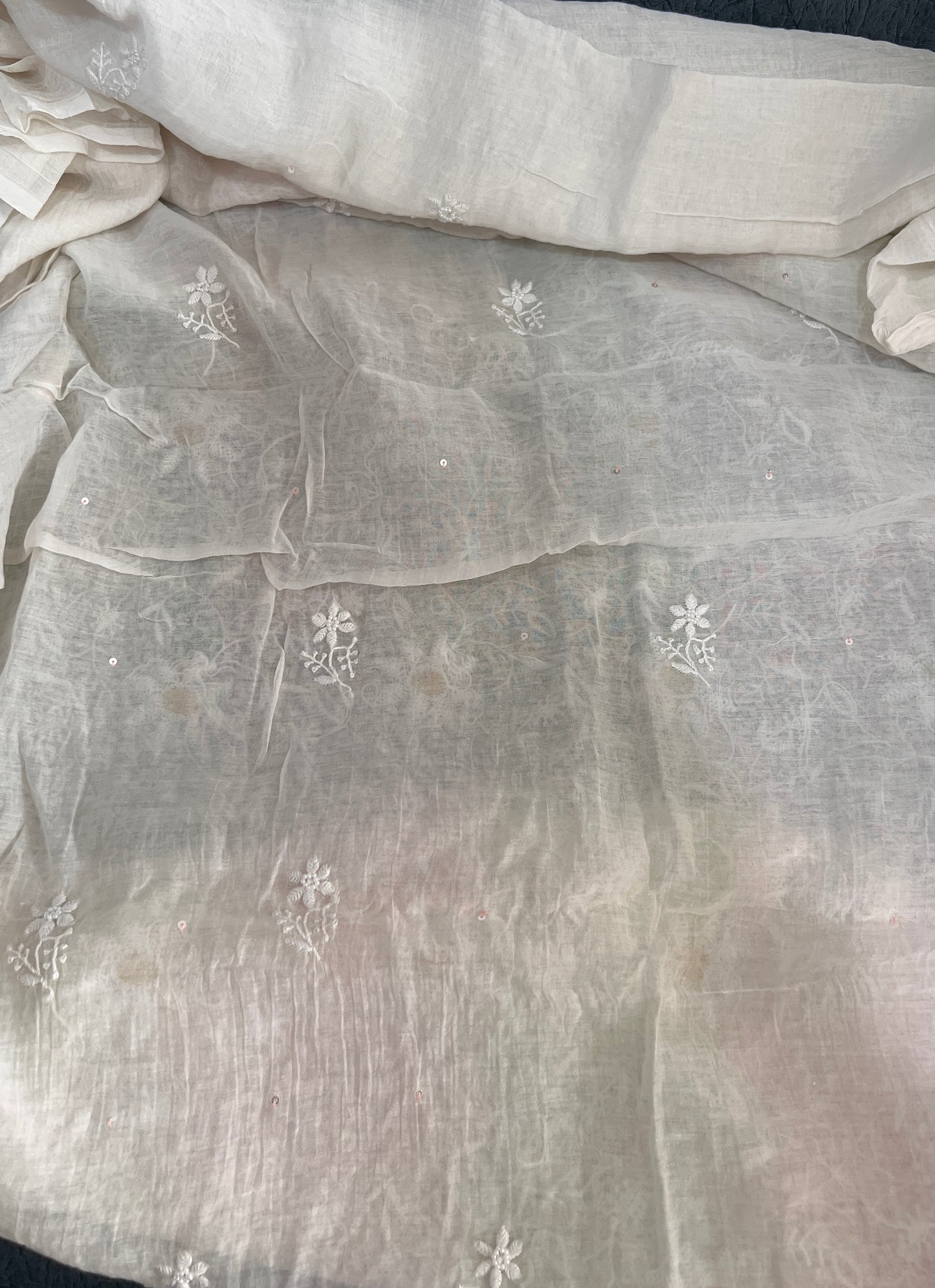 Multicolored chikankari and sequins Mulmul Kurta with Dupatta