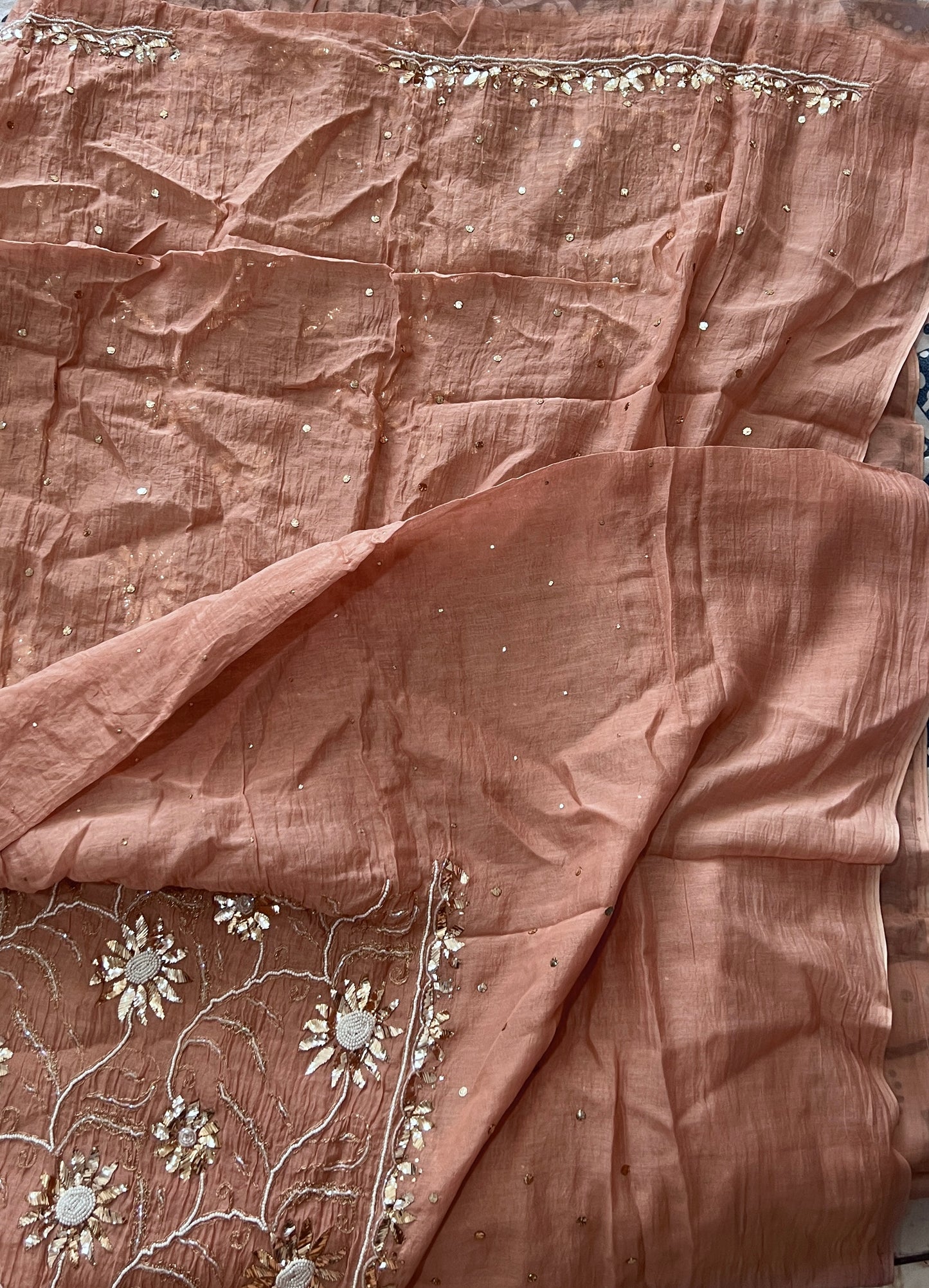 Cocoa brown Badla Mukaish and pearl work mulmul kurta with dupatta