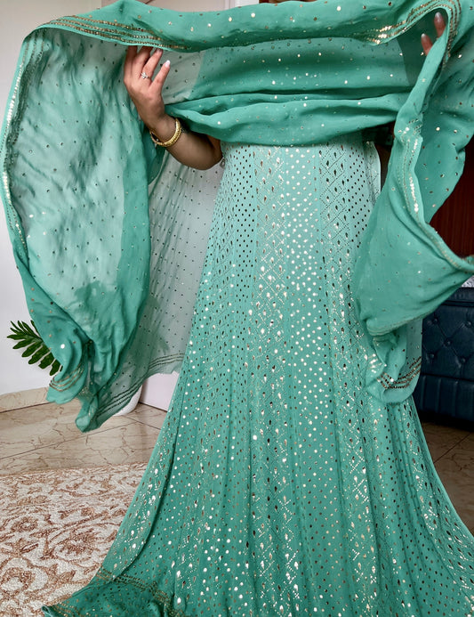 Ruhani Sage green Heavy Mukaish Pure Georgette Anarkali and Dupatta
