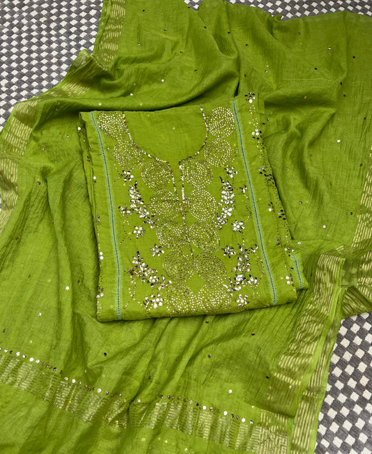 Green Mukaish work Mul Chanderi kurta with dupatta