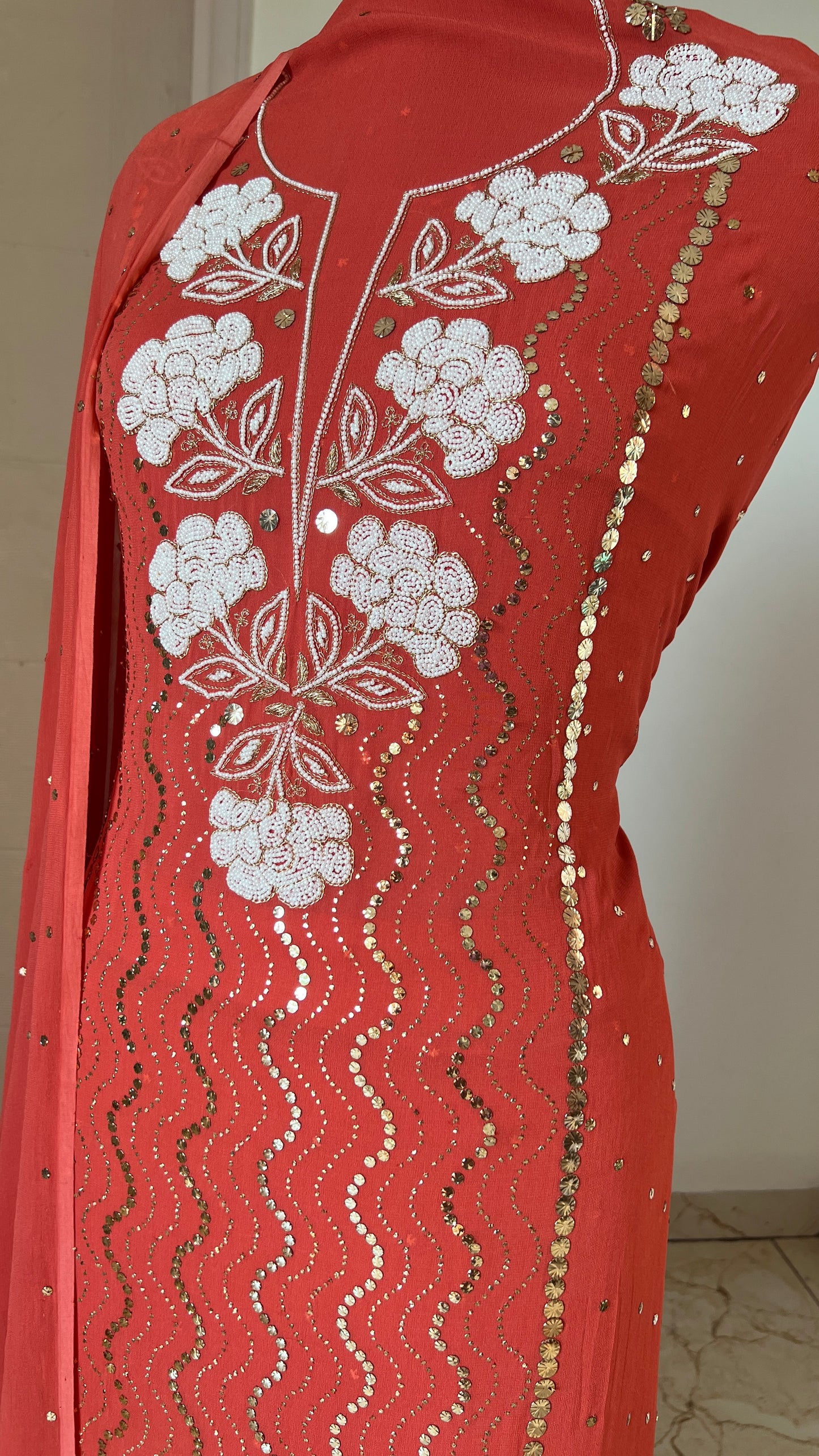 Rust mukaish and pearl work Kurta and Dupatta