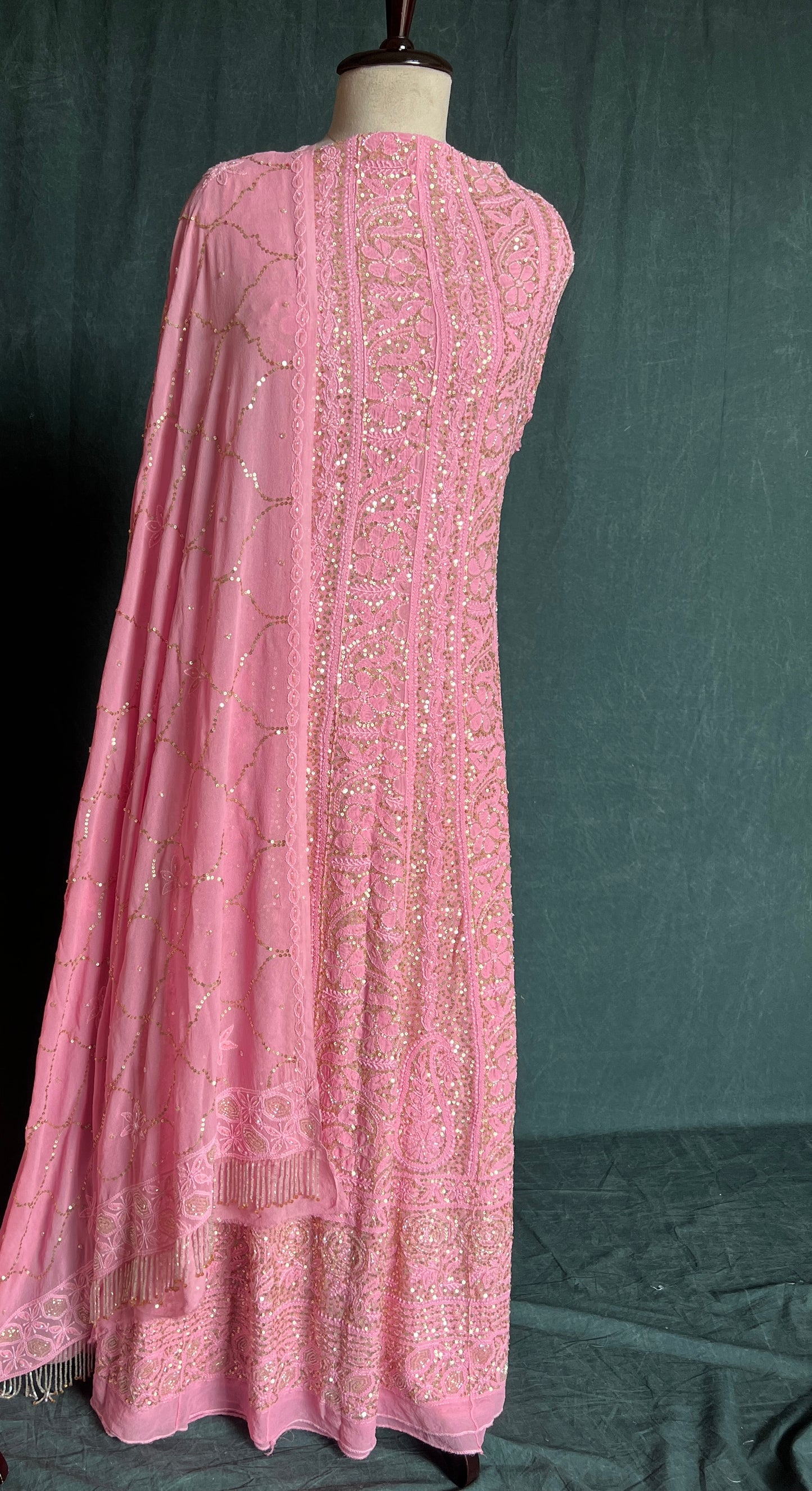 Ruhani Rose Pink Chikankari sequins cut Dana Anarkali