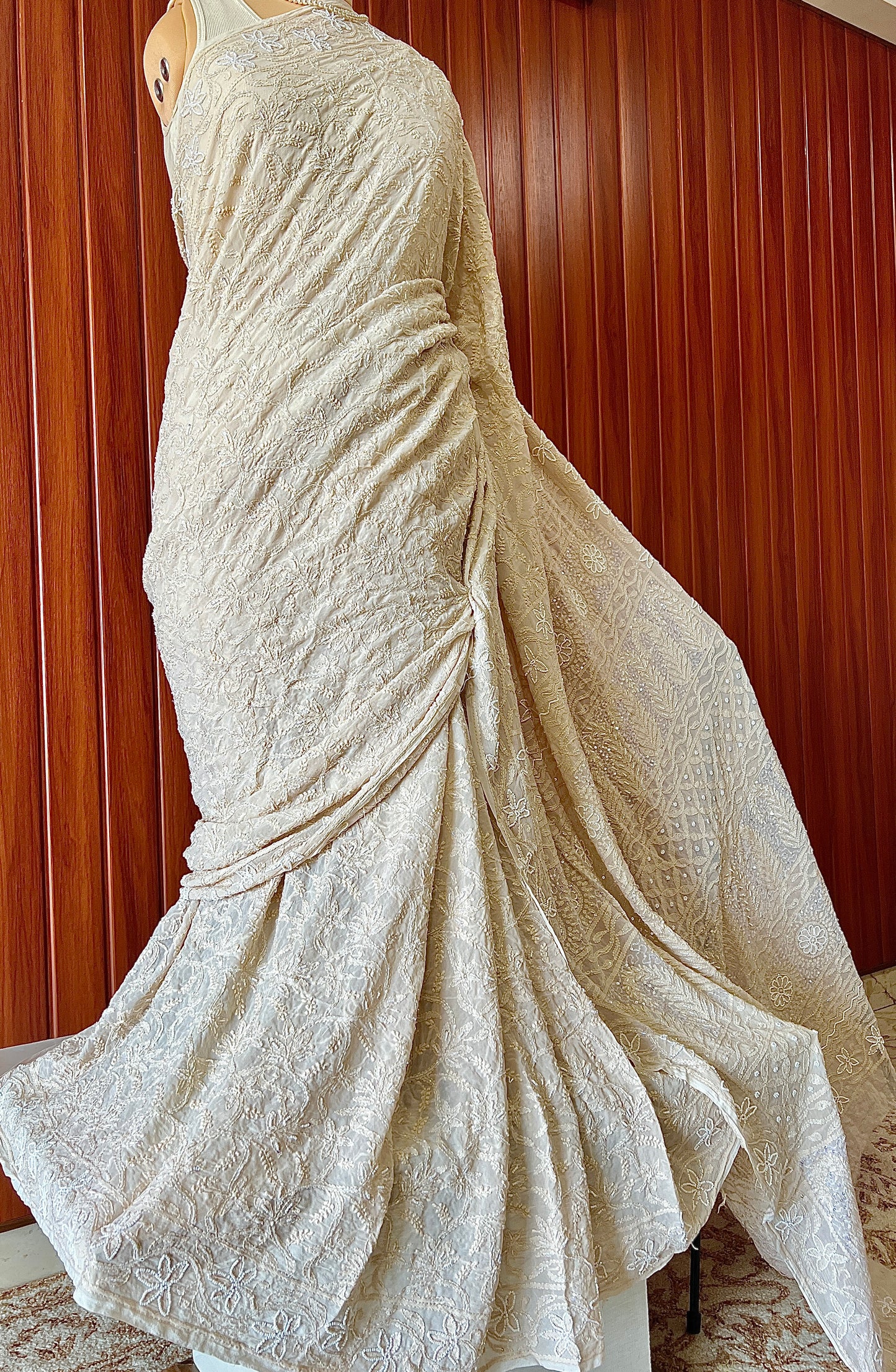 Beige Chikankari Pearl Cut Dana and Sequins Saree