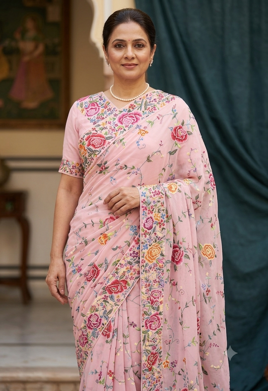 Blush Pink Masterpiece Petit Point Hand Embroidered Saree