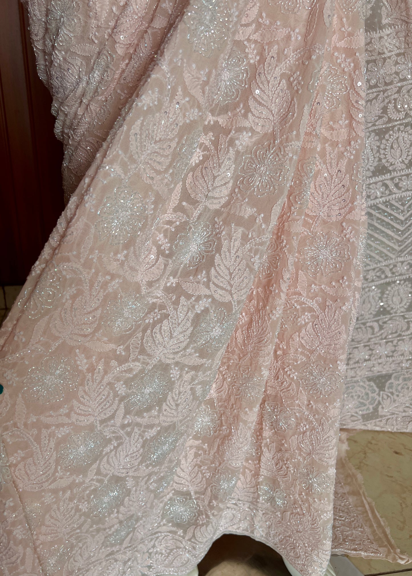 Ruhani Light Peach Chikankari and Cut Dana Saree