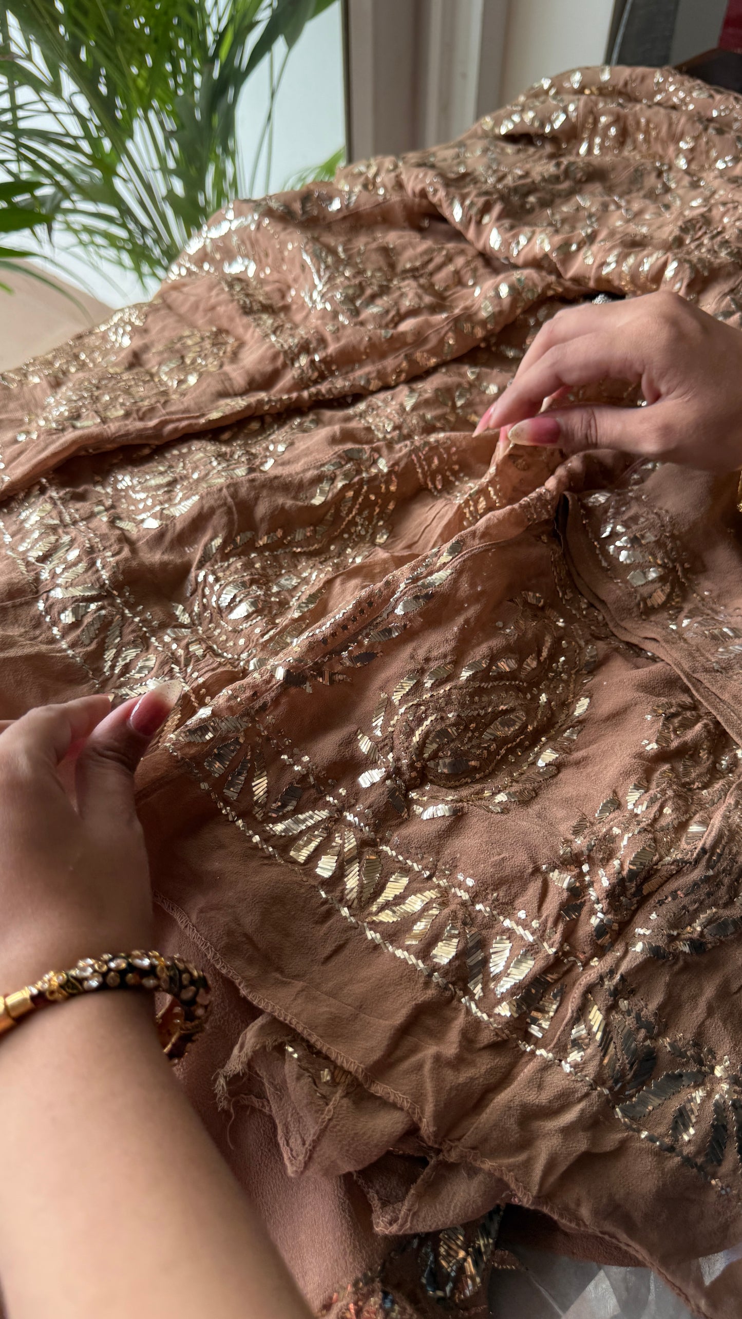 Ruhani cocoa brown heavy badla and Mukaish pure Georgette anarkali and dupatta