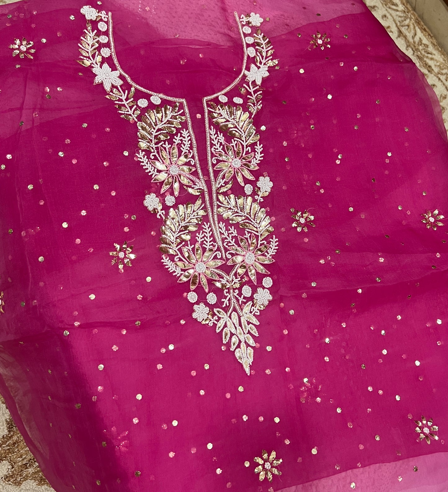 Hot Pink Badla and Mukaish work pure Organza kurta with dupatta