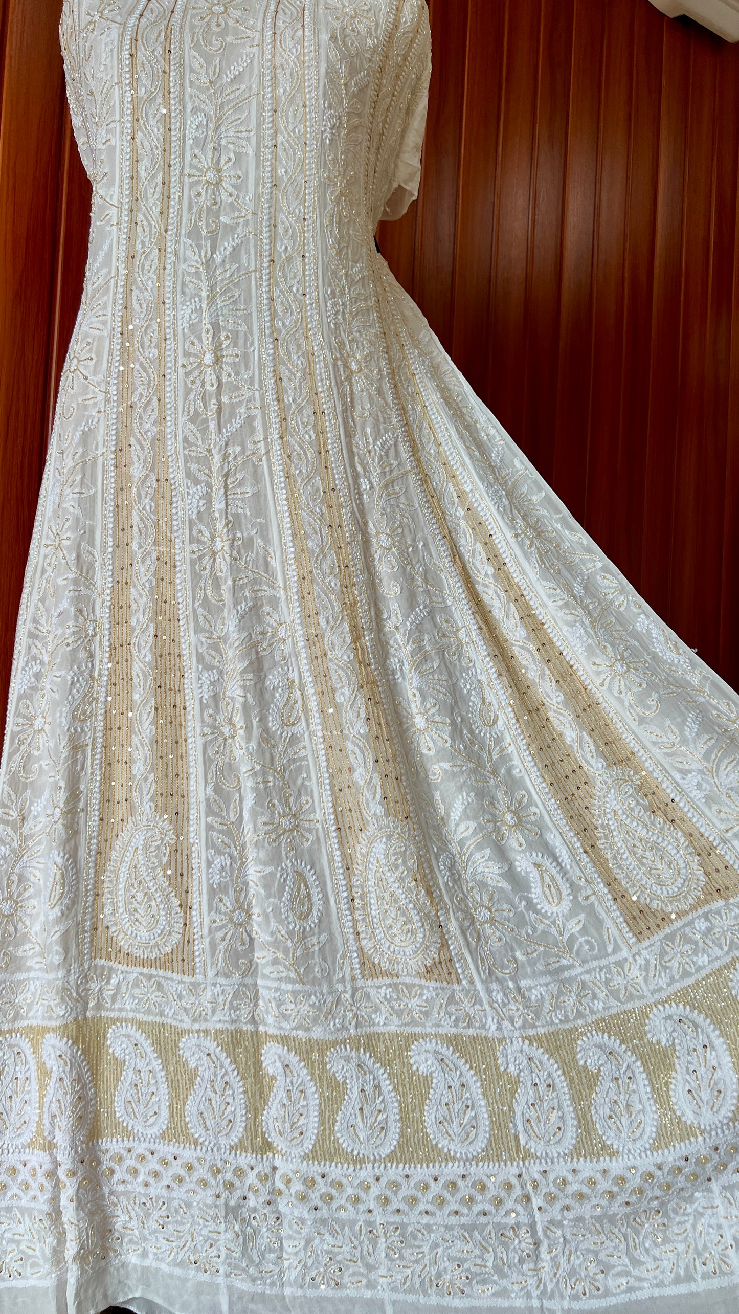 White Chikankari Sequins Cut Dana Anarkali with Dupatta