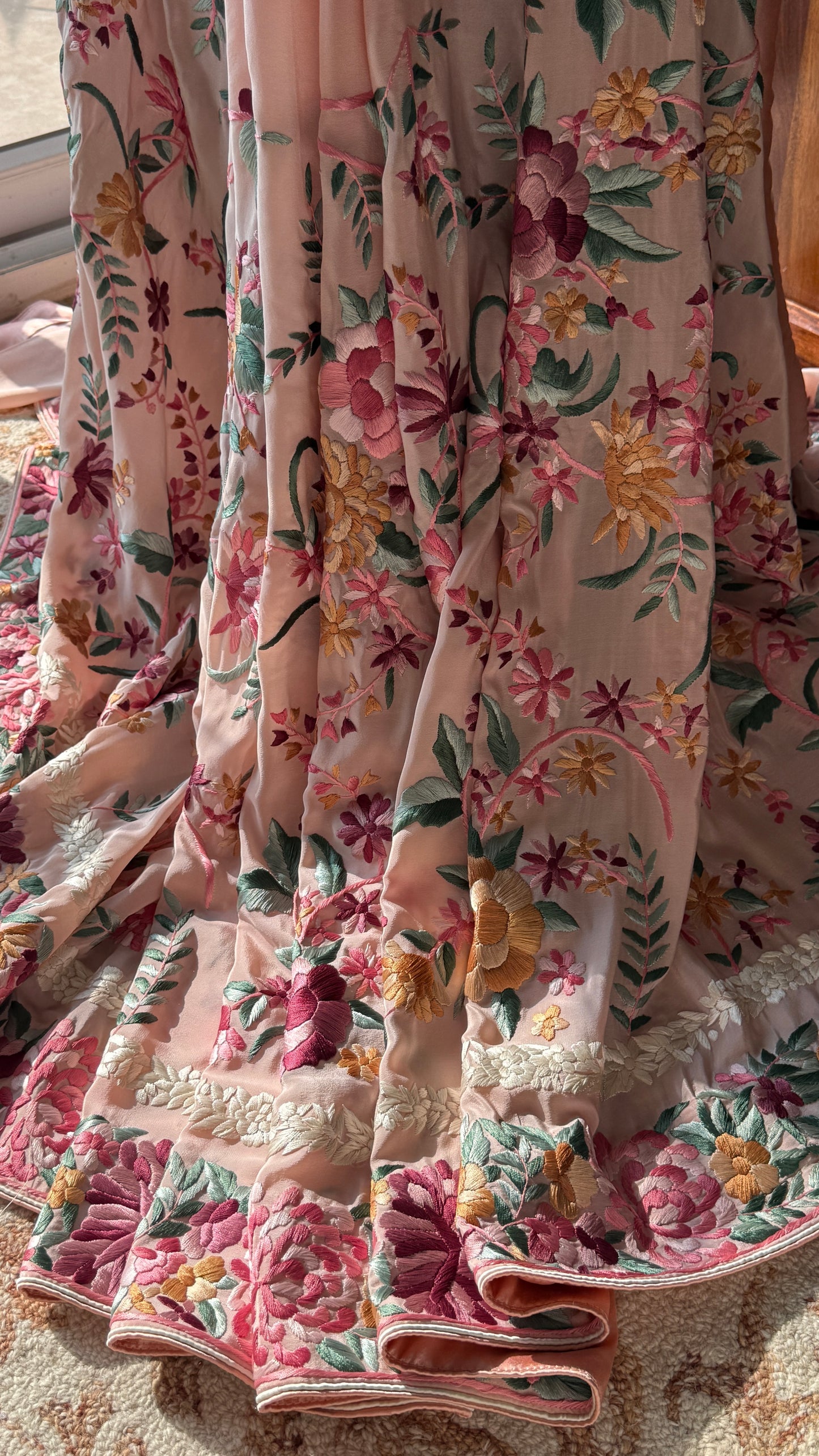Blush Peach floral Masterpiece Parsi Gara Pure Crepe Saree