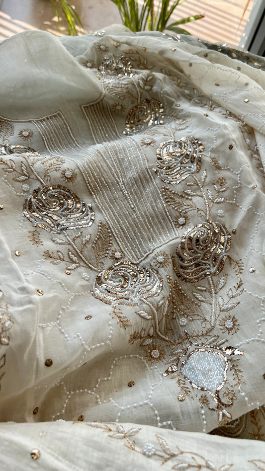 Mul Chanderi Anarkali with Mukaish and pearl work