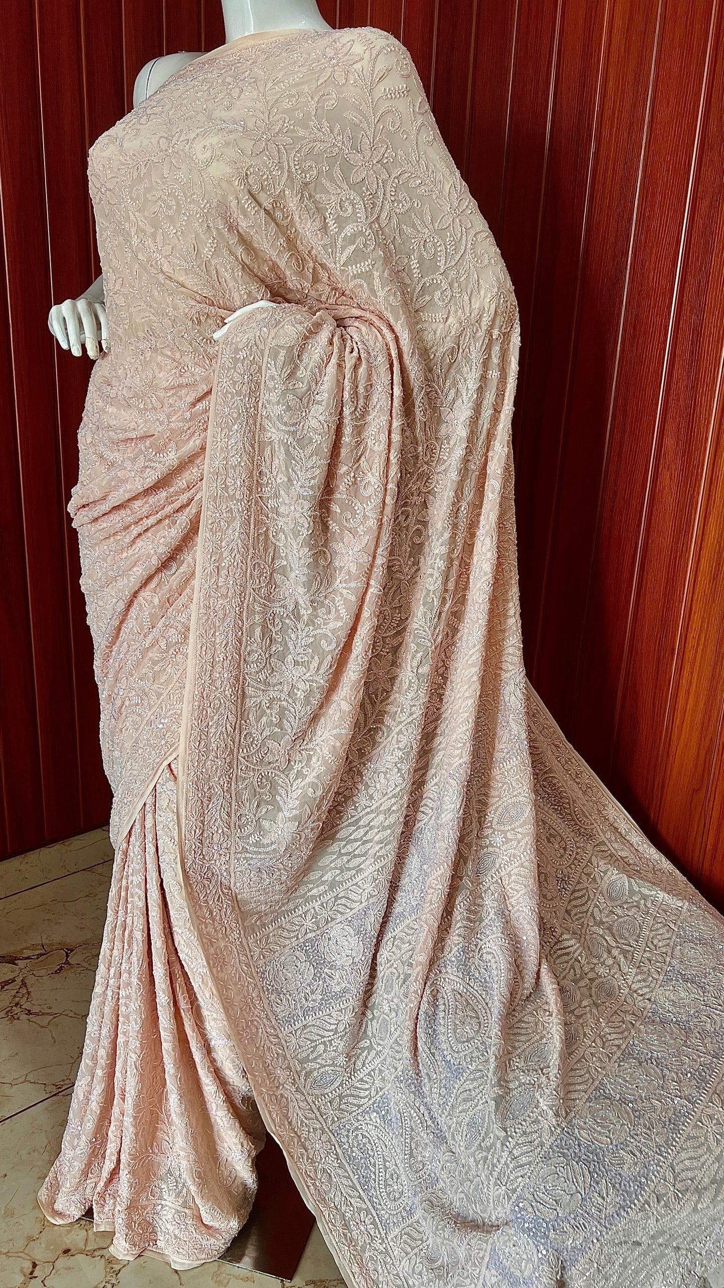 Ruhani Light Peach Chikankari Cut Dana and Sequins Saree