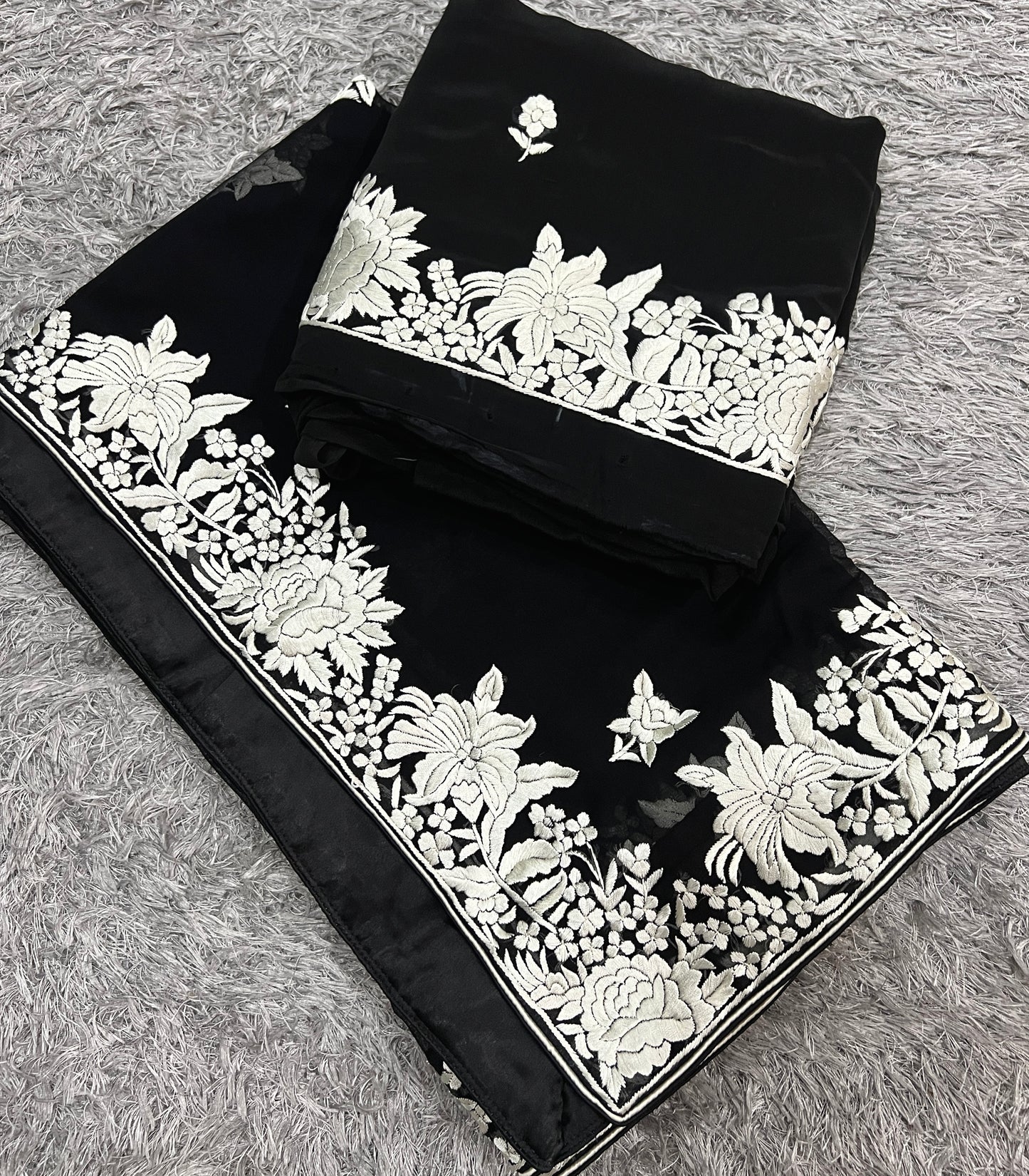 Black Parsi Gara Hand Embroidered Full suit