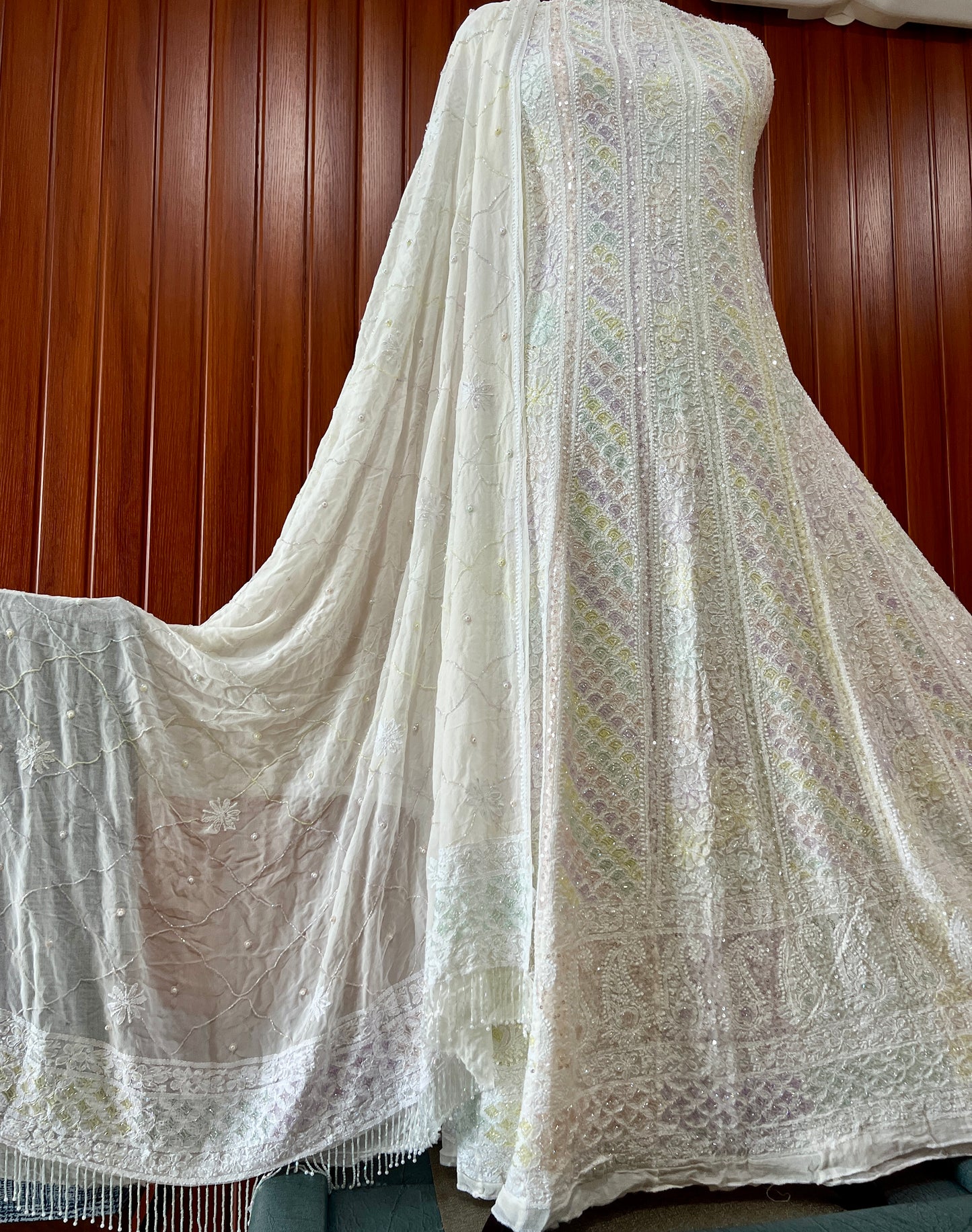 Ivory Chikankari multicolored Sequins and Cut Dana Anarkali