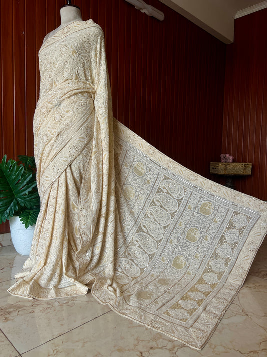 Ruhani Butter Cream Chikankari Sequins Cut Dana Embroidered Masterpiece Saree