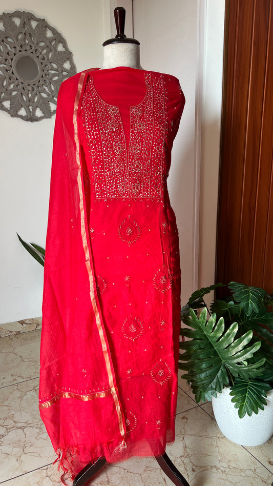 Mul Chanderi Chikankari Kurta and Dupatta Set