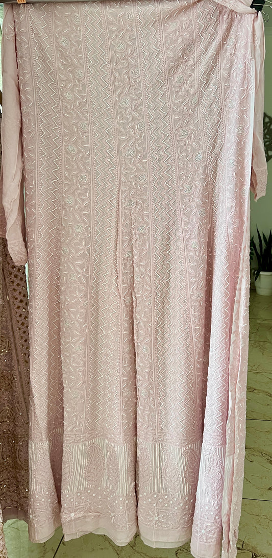 Powder pink Chikankari Cut Dana and pearl Anarkali with Dupatta