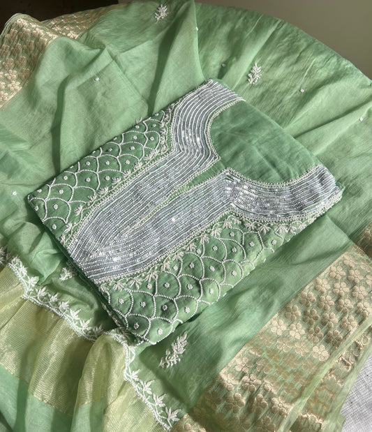Pista green Mul Chanderi Kurta and Dupatta