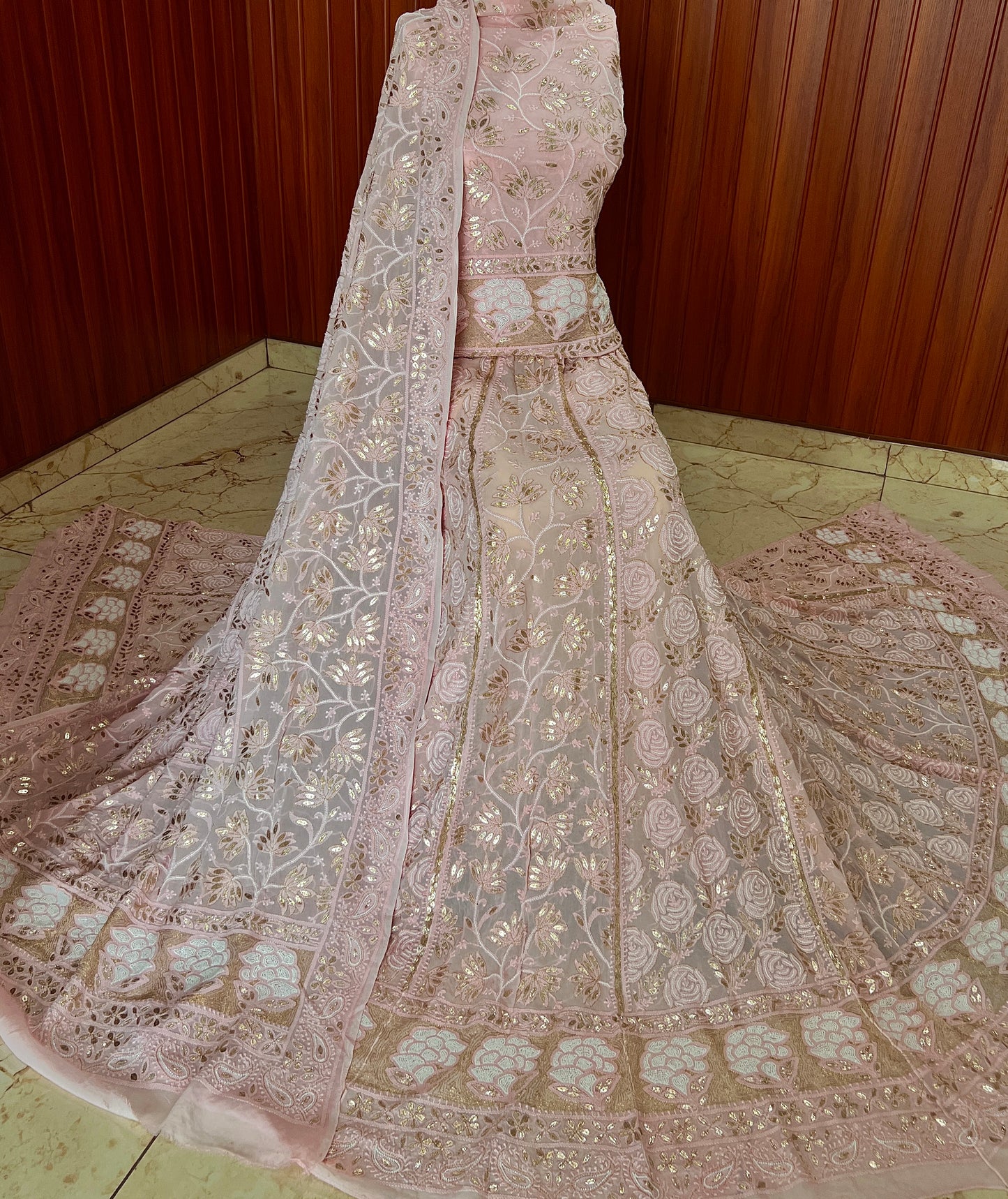 Ruhani Pink Chikankari Gota Patti and Pearl Wedding Lehenga
