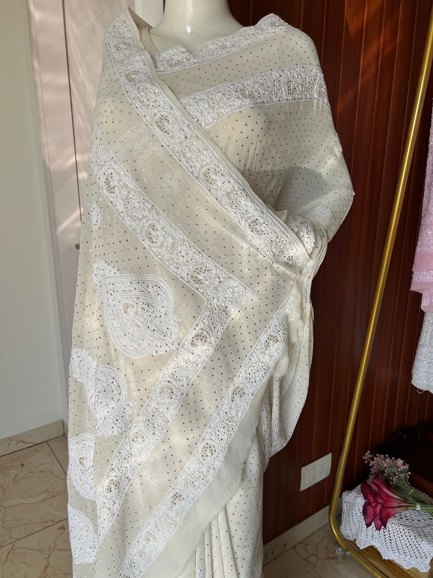 Ivory Ruhani Allover Fine Chikankari and Bareek Mukaish Saree