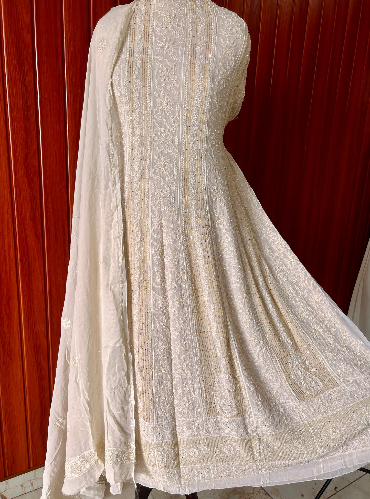 Champagne Chikankari Sequins Cut Dana Anarkali with Dupatta