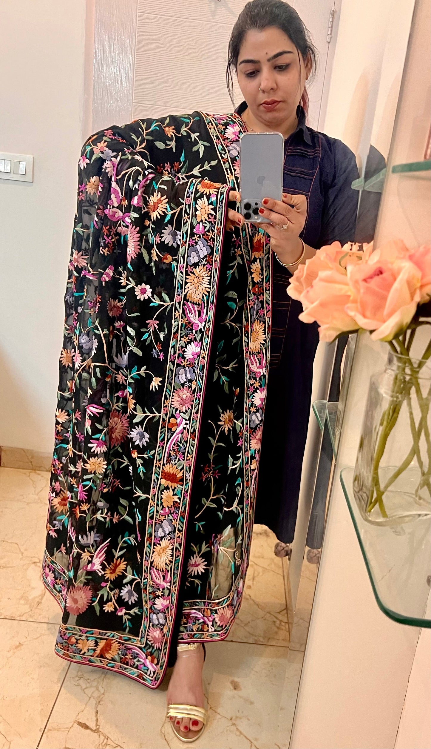 Black and Multicolored Masterpiece Parsi Gara Hand Embroidered Dupatta
