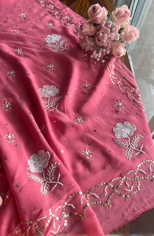 Rouge Pink georgette Saree with Mukaish and pearl work