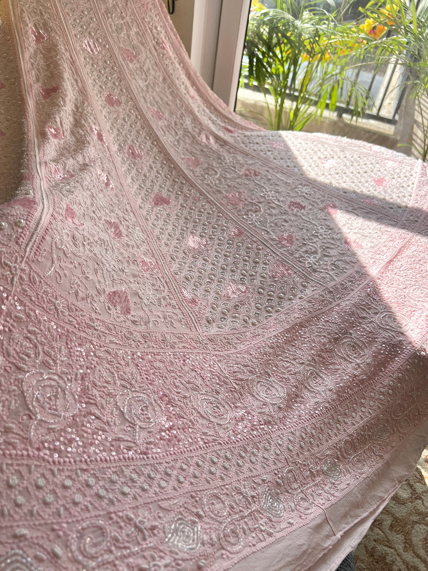 Ruhani Peachish Pink Chikankari Cut Dana Sequins Wedding Lehenga