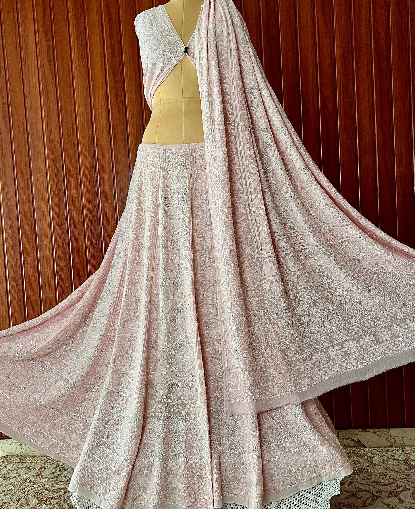 Masterpiece Ruhani Pink Chikankari Sequins Cut Dana Wedding Lehenga