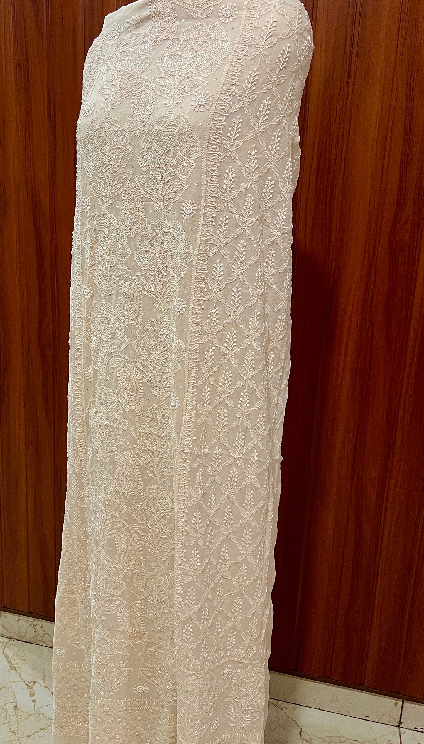 Beige Chikankari Pearl work kurta and dupatta set