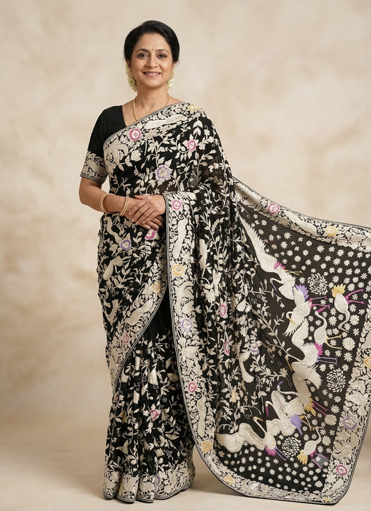 Black Masterpiece Parsi Gara Pure Georgette Saree