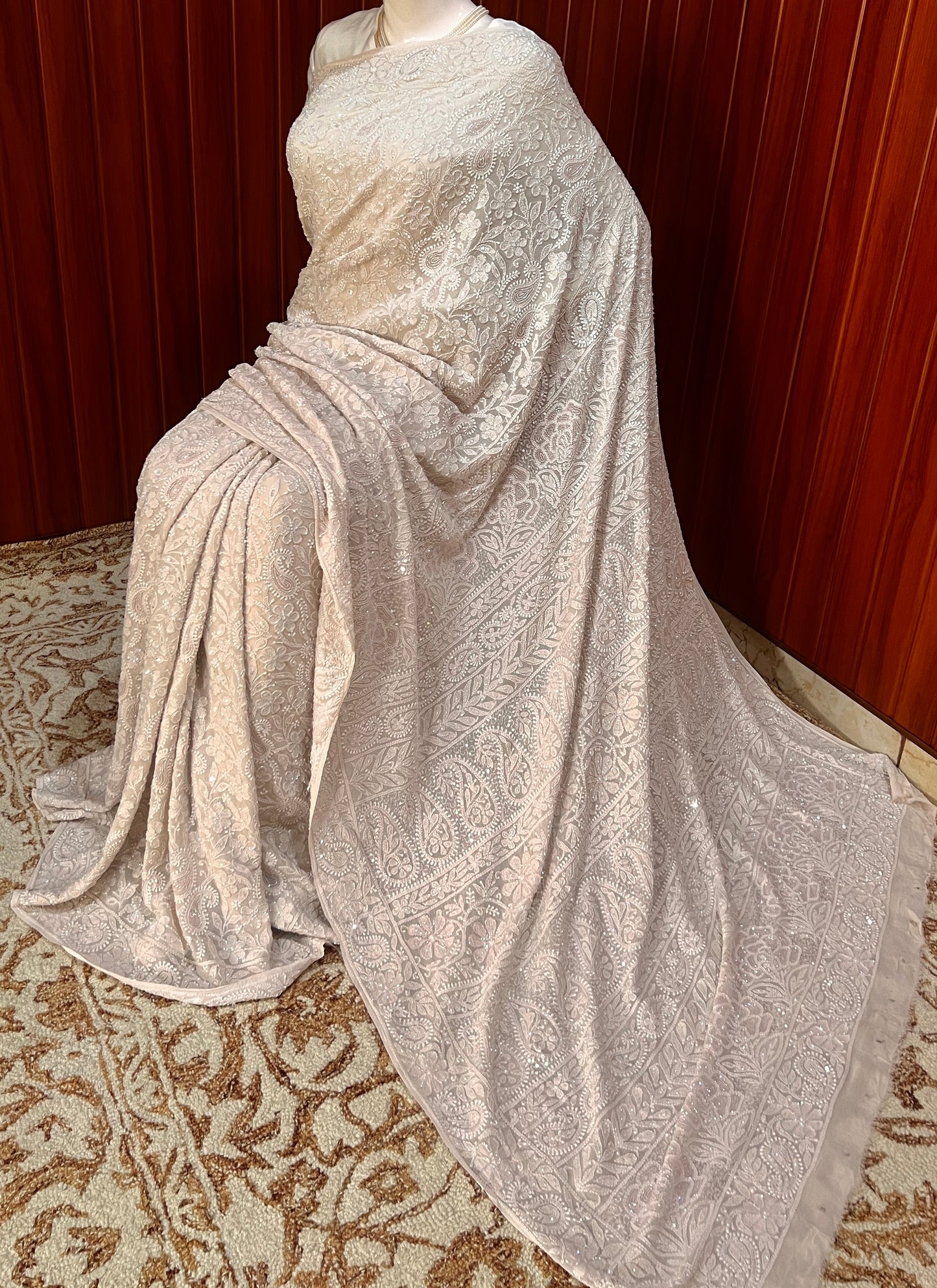 Ruhani Nude Beige Chikankari Cut Dana and Sequins Saree